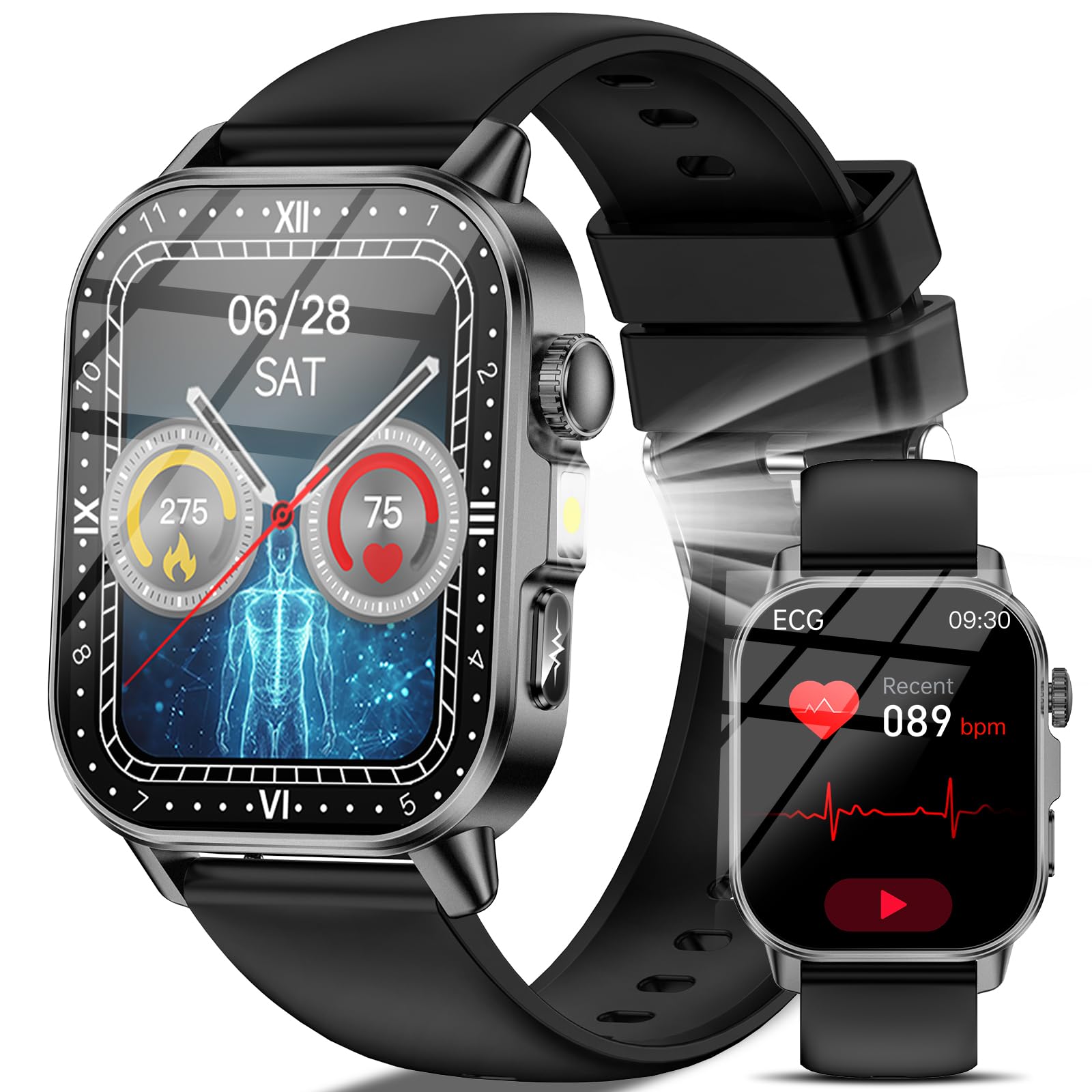 Marsyu MT500 Smartwatch with LED flashlight activated, showing different flashlight modes like warning, SOS, constant light, and night running.