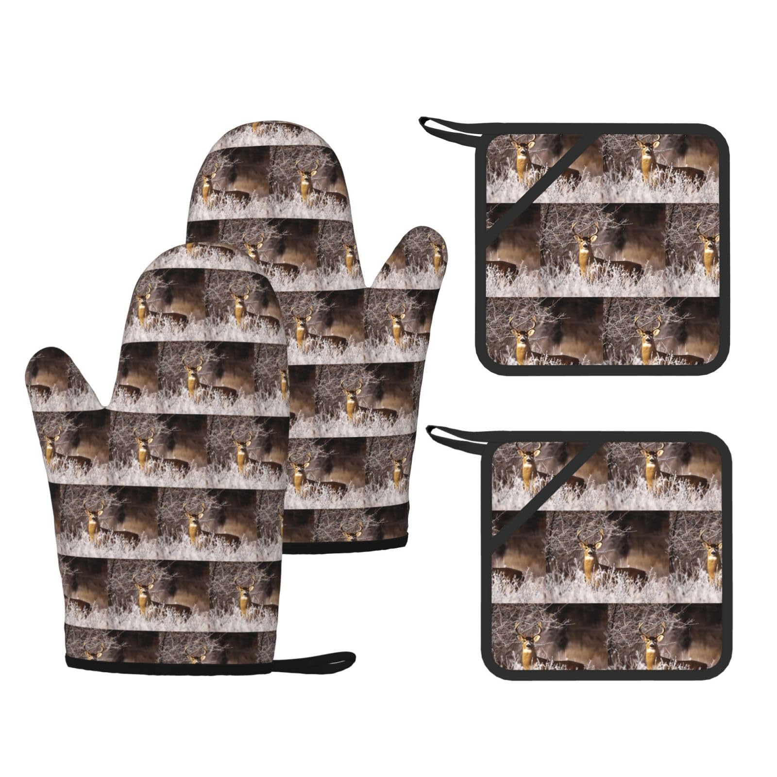 Free Whitetail Deer Printed Potholder and Oven Mitt Set of 4, High Heat Resistant Cooking Gloves for BBQ Grilling