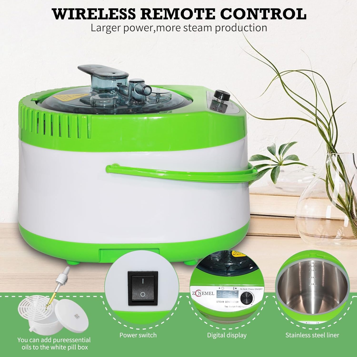 ZONEMEL 4 Liters Sauna Steamer, Portable Steam Generator with Remote Control, Stainless Steel Pot, Spa Machine with Timer Display for Body Detox (US Plug, Green)