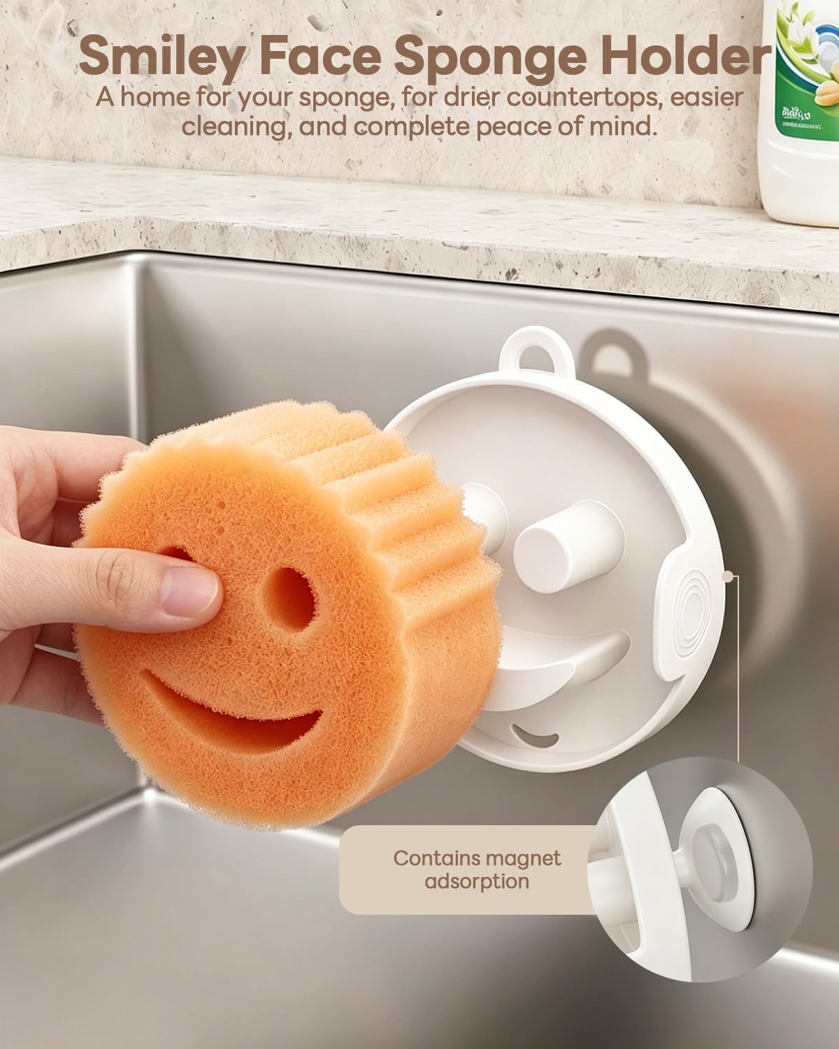 Sponge Holder for Kitchen Sink, Food-Grade Silicone Sponge Caddy with Strong Magnet, 3-in-1 Self-Draining Sink Organizer, Fast Drying & Space Saving, Cream White
