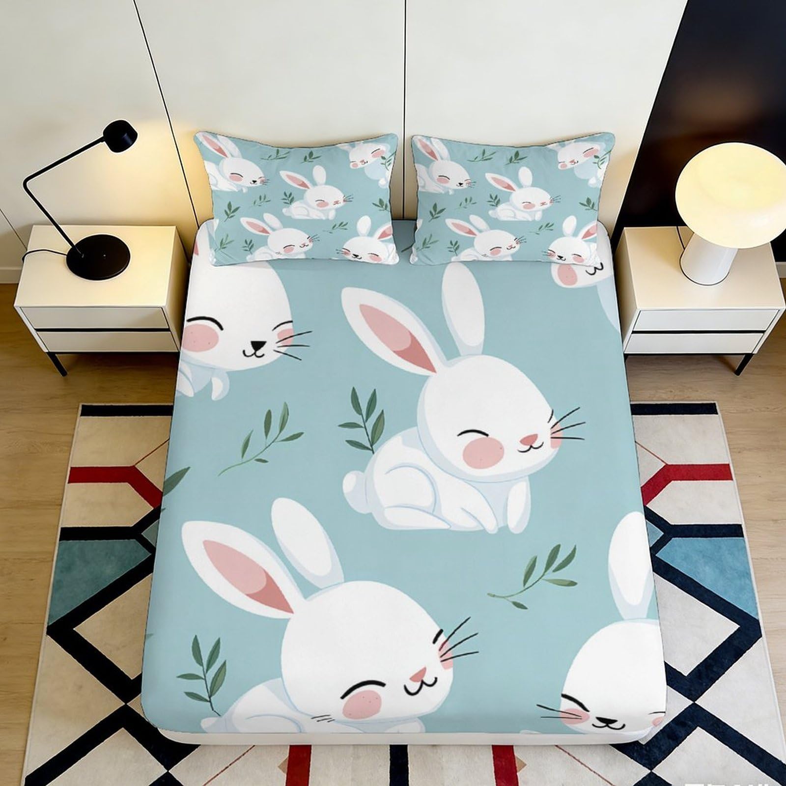 3D Printed Cartoon Bunny Fitted Sheet Microfiber Soft Blue Rabbit Mattress Cover for Bedroom Dorm Room Mattresses 120x200x25cm