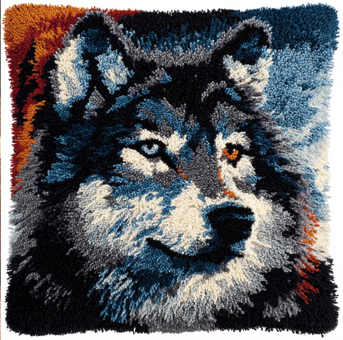 Kitquiver Animal Latch Hook Pillow Kit Fantasy Wolf DIY Latch Hook Rug Kit for Beginners Embroidery Cushion Canvasfor Adult Beginners 17x17In