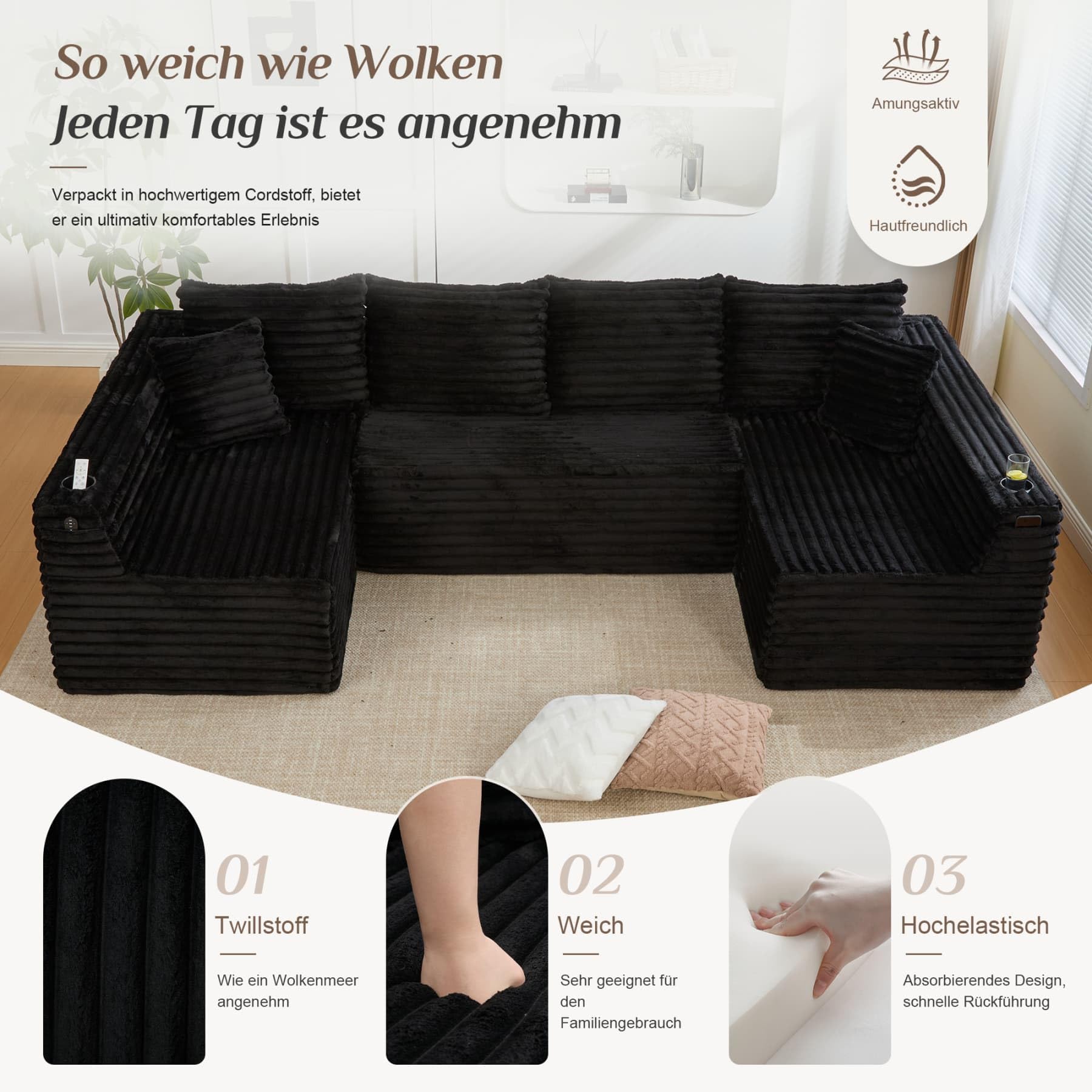YEHTOKHOME Sofá moderno de pana en forma de U con portavasos y bolsillos laterales, sofá modular con 4 cojines de respaldo y 2 cojines decorativos, para salón (Negro)