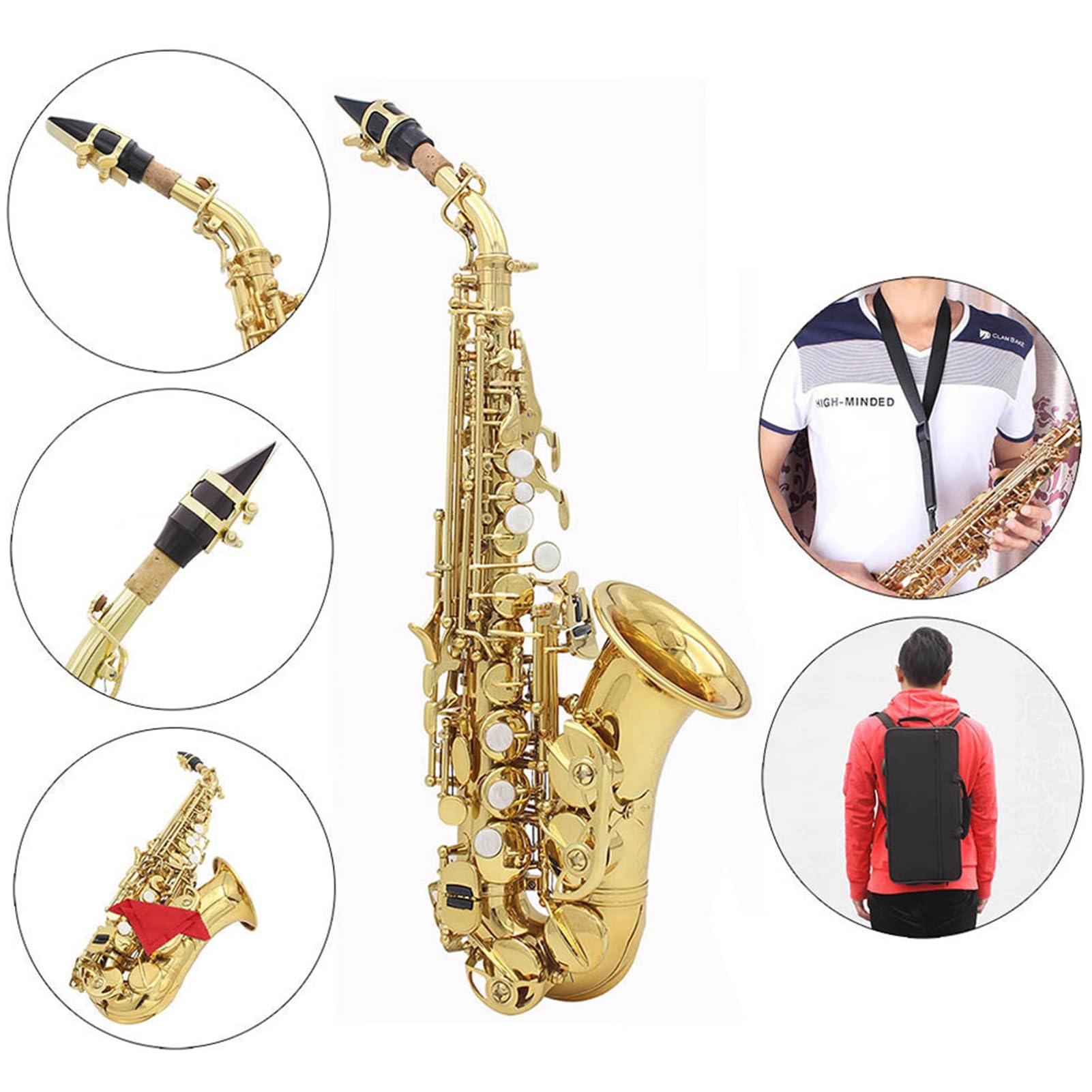 Laiton Sax,HUIOP Laiton Doré Carve Motif Sib Bend Althorn Soprano Saxophone Saxophone Perle Blanc Shell Boutons Instrument à Vent avec étui Gants Chiffon de Nettoyage Ceinture,instrument à vent