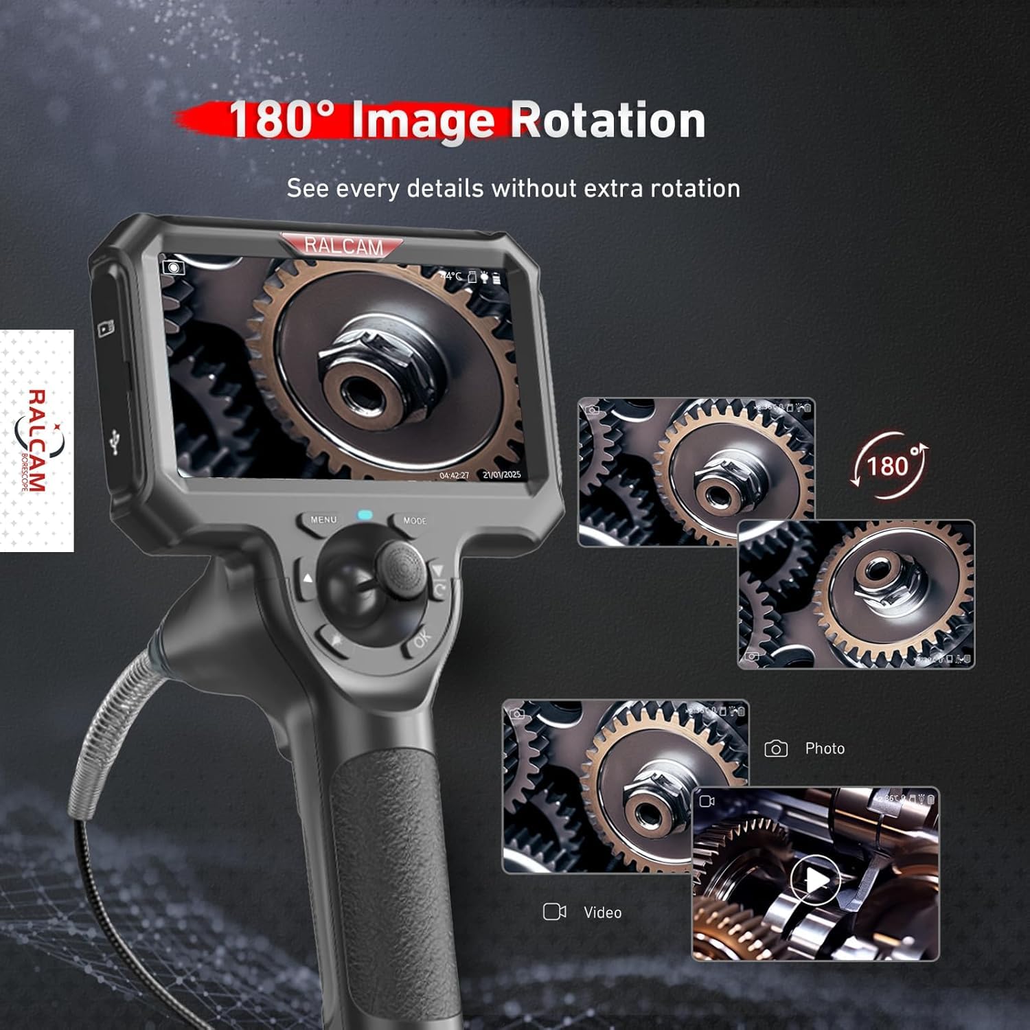 Ralcam Kamera endoskopowa 6,2 mm, kamera kontrolna 360° z oświetleniem, ekran HD 5 cali (1280 x 720), 6 diod LED, wodoszczelność IP67, zasięg 1,5 m, półsztywny.
