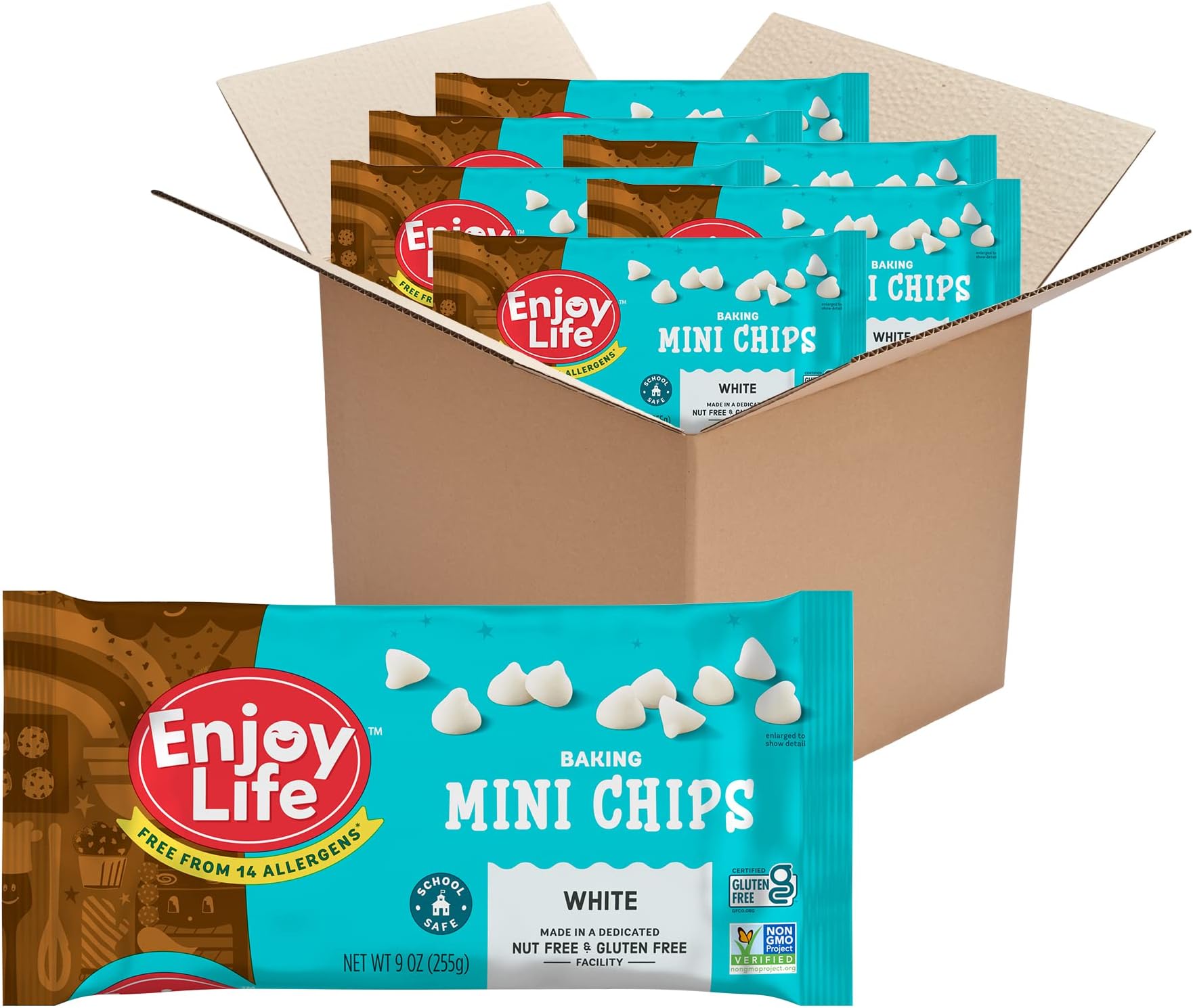 Enjoy Life Baking White Baking Chips, Dairy, Soy, & Nut Free, Non GMO, Gluten Free, Vegan Chocolate Chips, 9 oz (Pack of 6), Bake The Best Brownies, Cakes, Cookies, & Pancakes