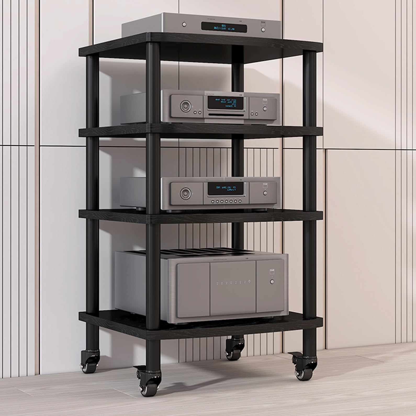 CWCQGH Audio Video Media Stand with Universal Wheels Modern Floor Standing Audio Rack Tower for Living Room Gaming Office & Recording,Black-60x54x95cm