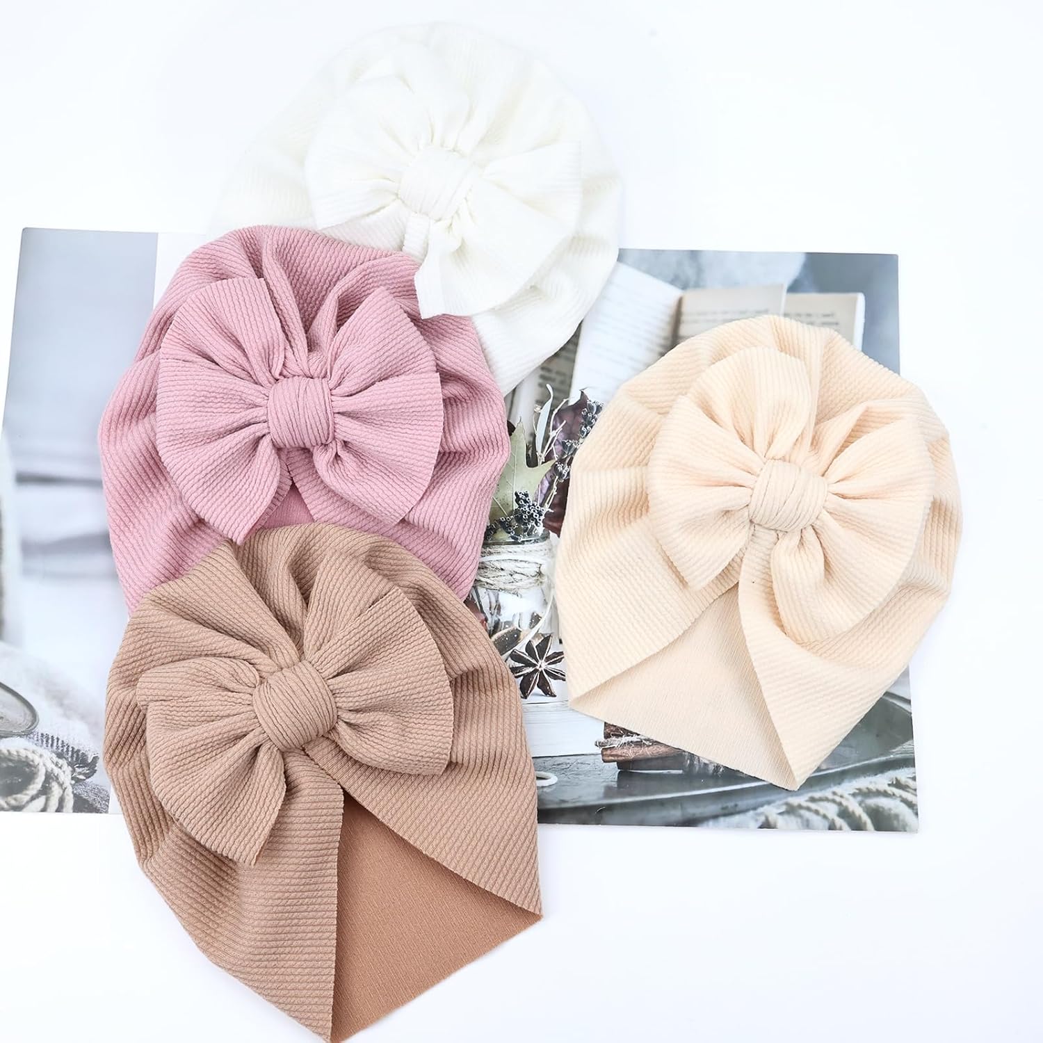 Cinaci 4 Pieces Baby Girls Turban Hats with Bow Newborn Hospital Caps Bonnets Beanies Headwraps for Infants Toddlers - Image 7