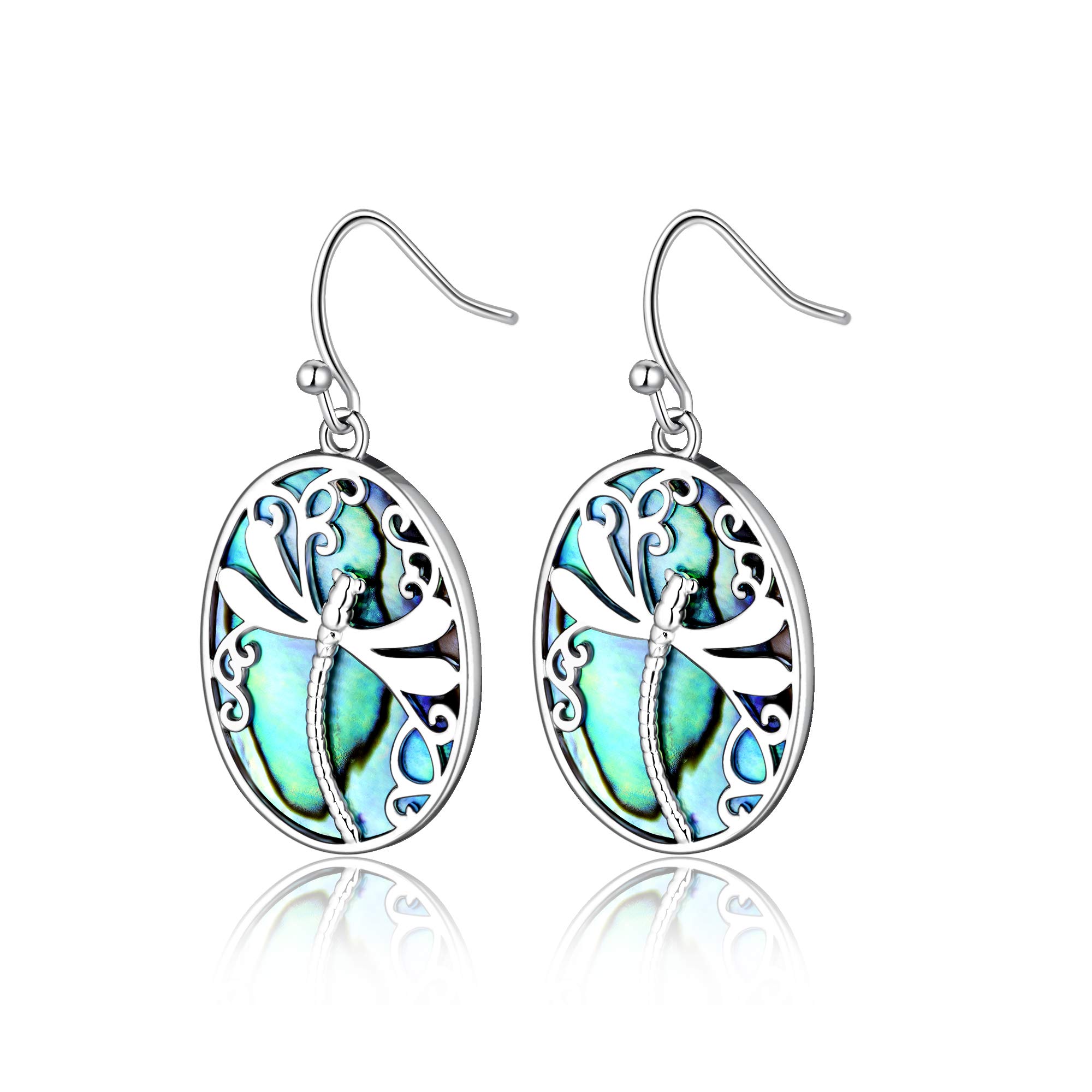 Abalone Drop Dragonfly Earrings Plated with White Gold, Fashionable Natural Shell Dangle Earrings