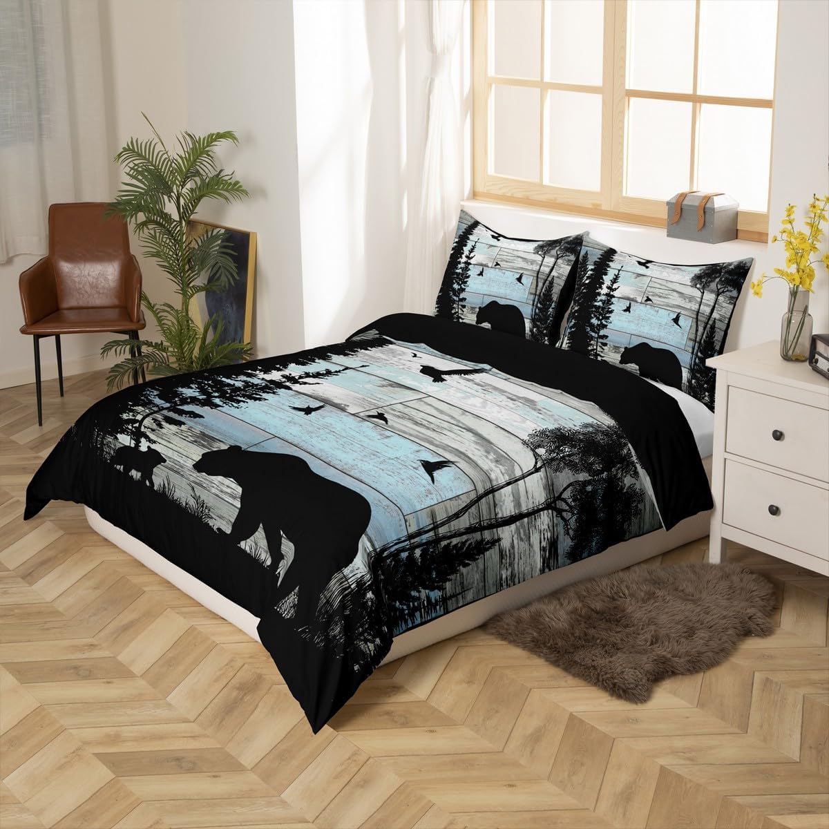 Feelyou Kids Bear Bedding Set Toddler Size, Rustic Cabin Country Comforter Cover Boys Girls Wild Animal Duvet Cover Farmhouse Teens Bedroom Decor Bedclothes Zipper (No Comforter)