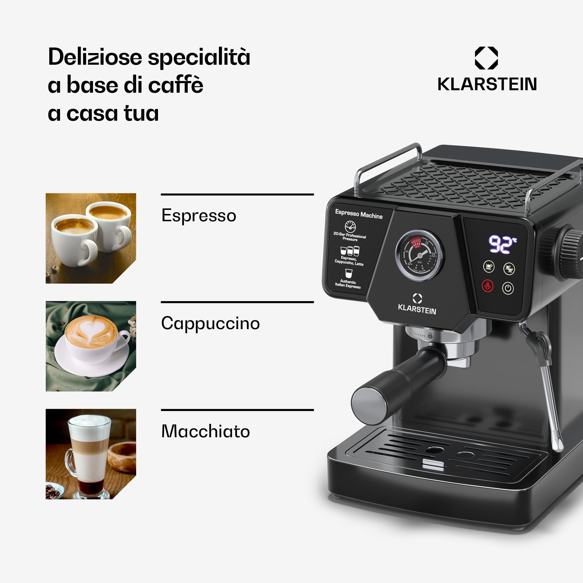Klarstein Libeica - Macchina per Caffè Espresso, 19 Bar, 1350W, Acciaio Inox, Serbatoio da 1,8L, Ugello del Vapore, Touch Control, Per Caffè & Espresso in Polvere, Design Elegante