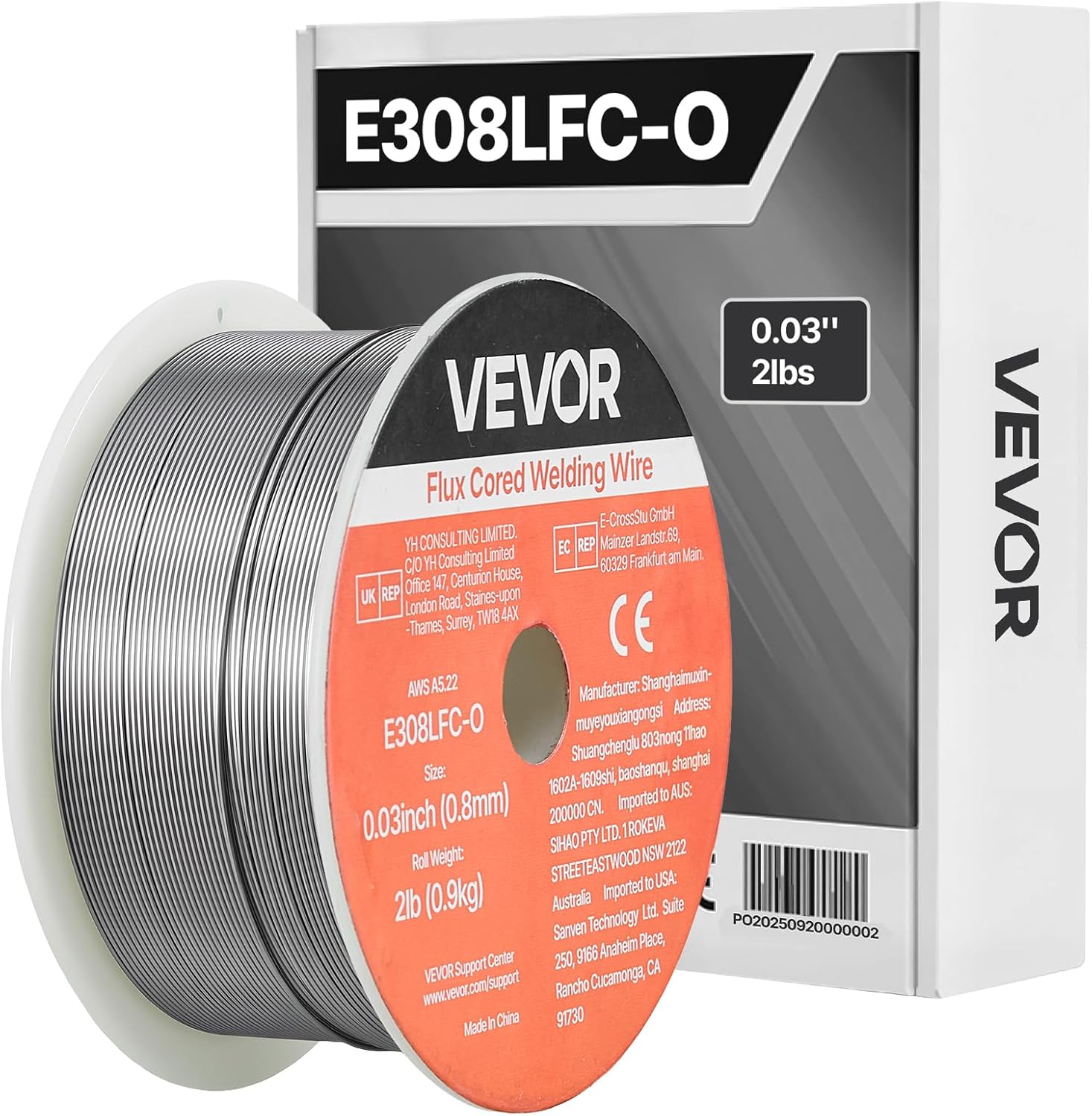 VEVOR Flux Core MIG Welding Wire, E308LFC-O 0.03-inch 2 LBS, Gasless Stainless Steel Welding Wire with Low Spatter for All Position Arc Welding, Self-
