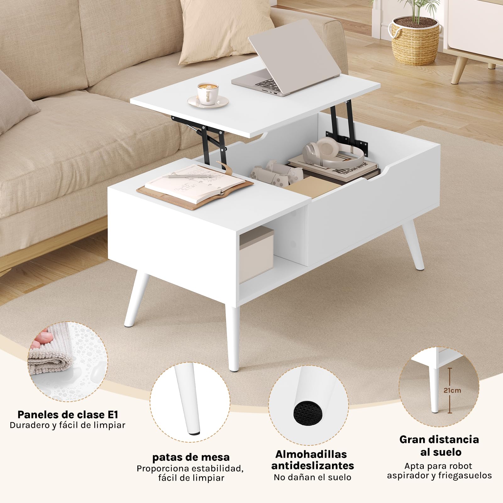 WOLTU Mesa Centro Elevable, Mesita Salon con Espacio Interno y Compartimento Abierto, Mesa de Salón Elevable y Extensible, Mesilla Auxiliar Multifuncional, 100x50x(43-57) cm, Blanco, BTS26ws
