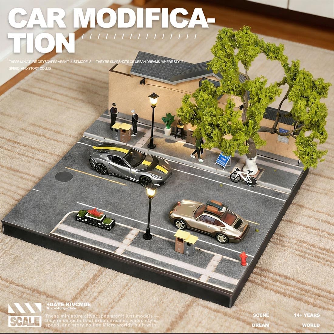 1/64 Modular Cafe Landmark Diorama with LED Street Lamps, Diecast Cars & Figure - Miniature Archicture Street Scene Display