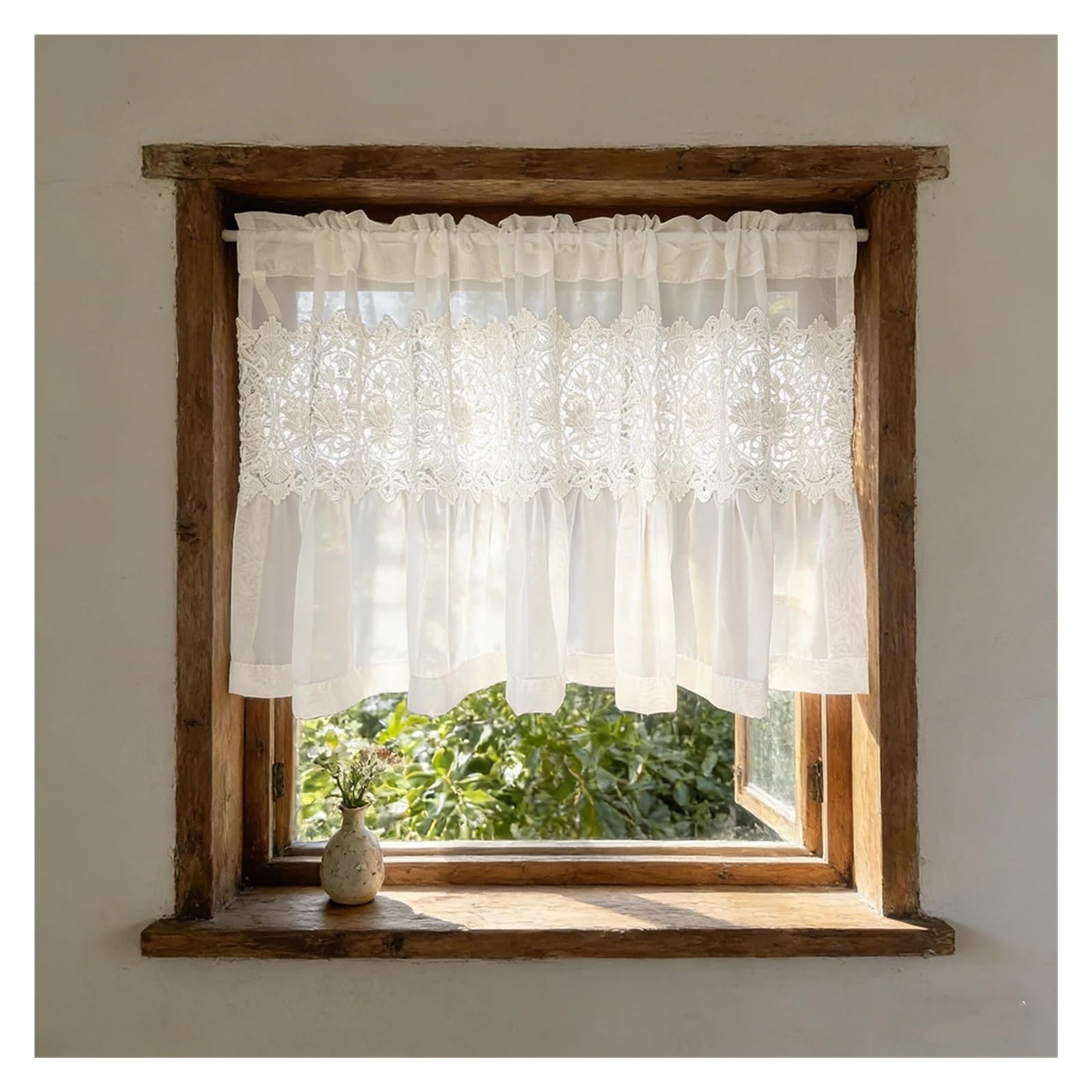AIQIJOHI Short Curtains Exquisite Hollow out Flower Lace Trim Splice with White Soft Tulle Curtains For Small Window,Kitchen,Door Drapes(1Pc W150 X H70CM)