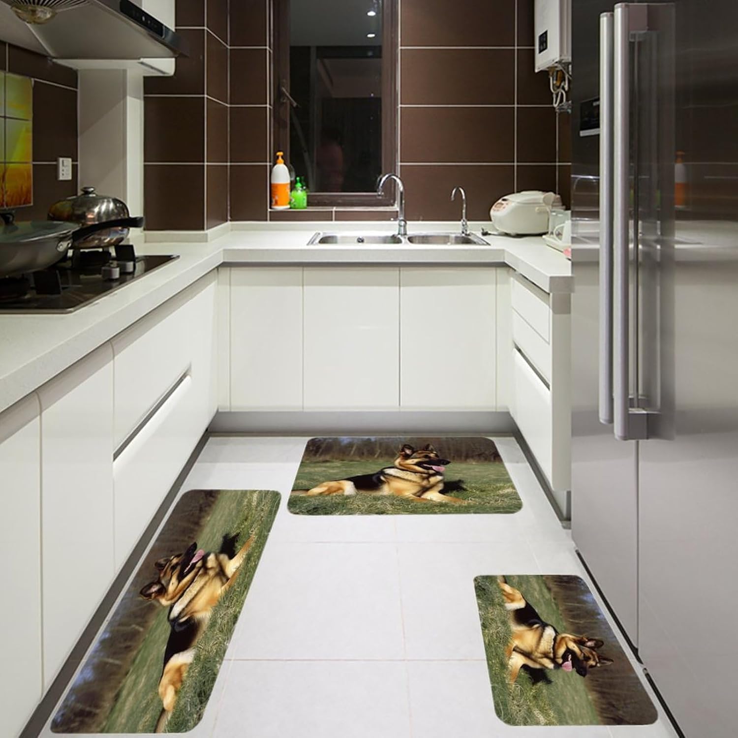 German Shepherd Dog Kitchen Mat Set of 3 Waterproof Floor Mats Non-Slip Kitchen Rugs Premium Flannel Rug Heavy Duty Standing Mat for Kitchen Home Bathroom Laundry