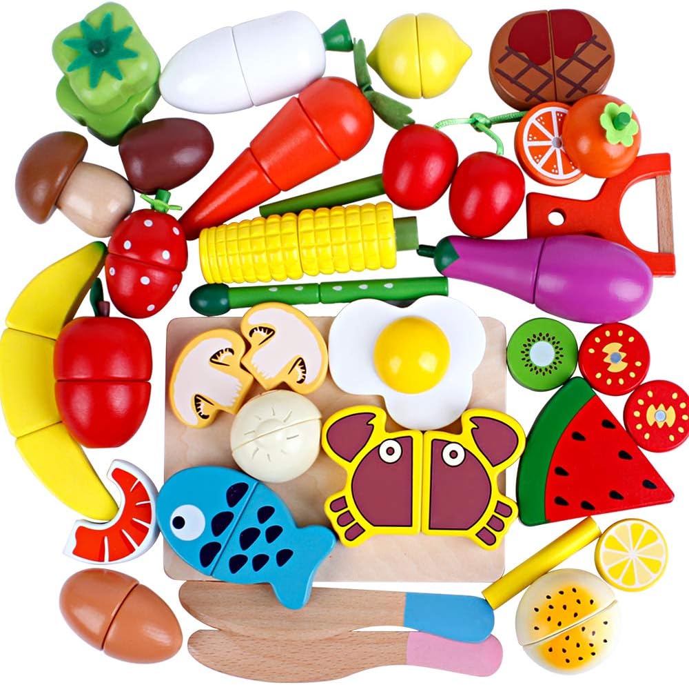32Pieces Play Food Toys Set Wooden Magnetic Fruits and Vegetables Cutting Kids Play Kitchen Accessories Kit for Toddlers Boys and Girls