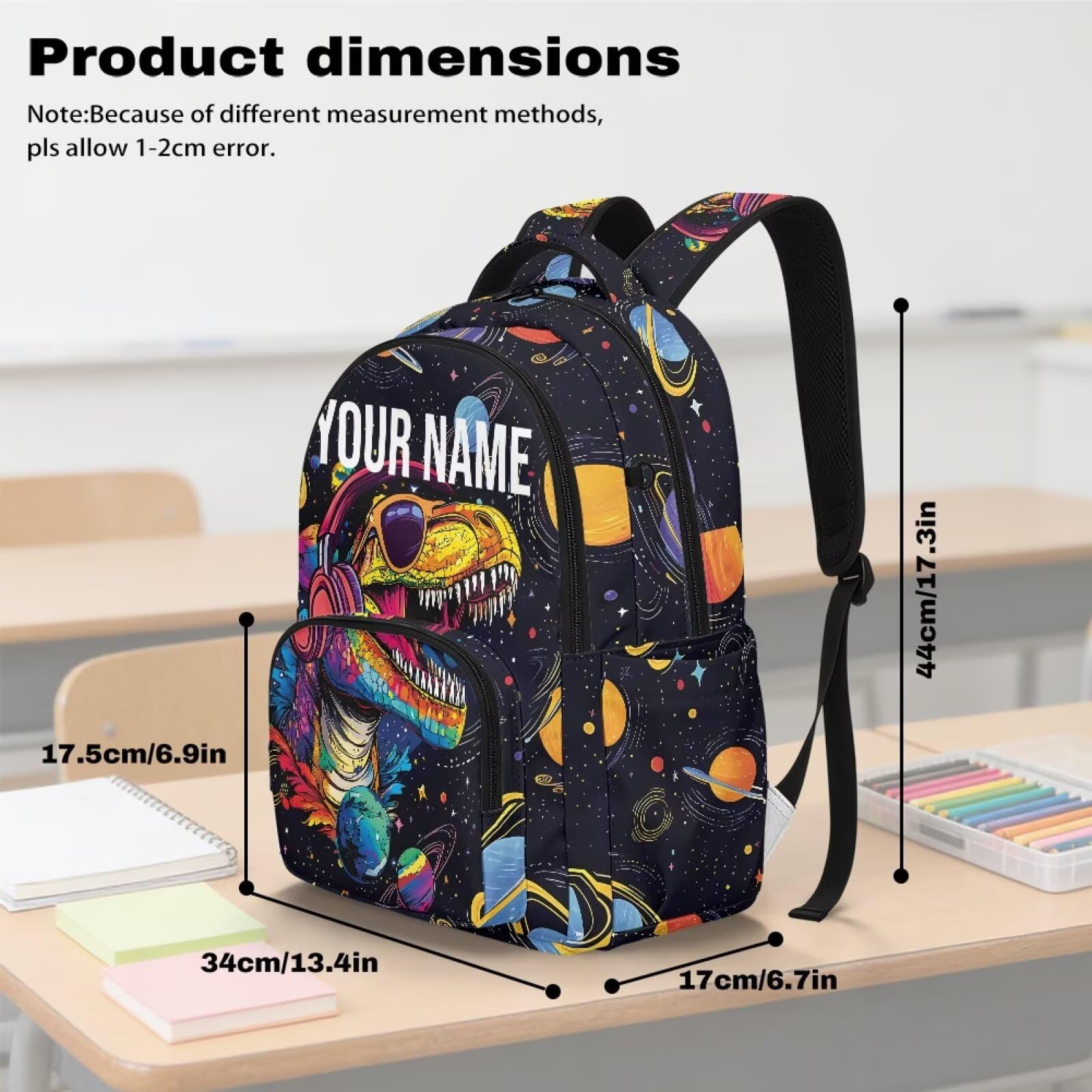 Mochila personalizada para niños con nombre, mochila escolar de 17 pulgadas, Dinosaurio divertido, L, Casual