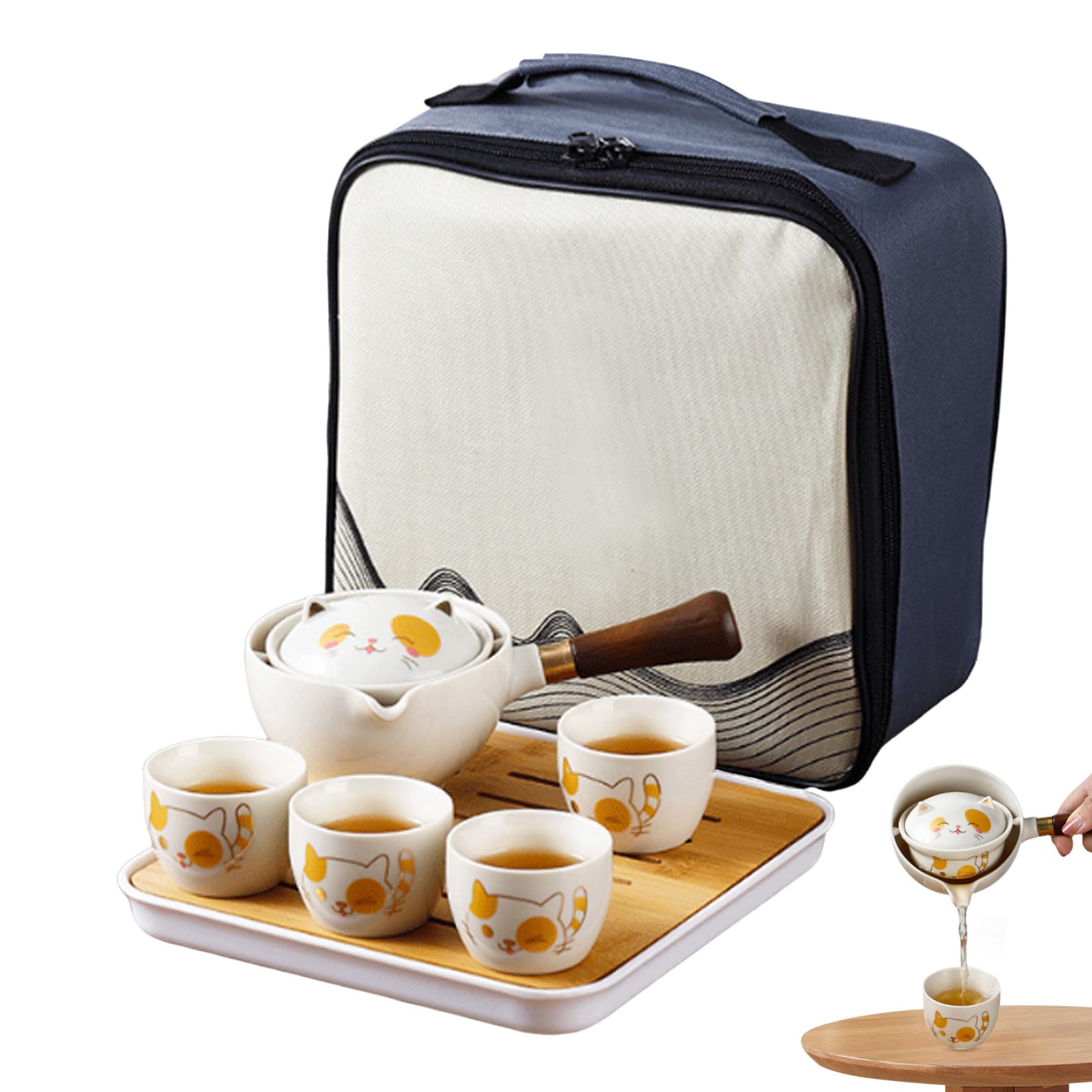 Juego de té portátil con infusor de rotación 360 y bandeja de bambú para exterior
