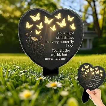 Unique Butterfly Heart-Shaped Floral Acrylic Outdoor Memorial Plaque,2D Butterfly Memorial Garden Stake,"Your Light Still Shines" Grave Marker,Weatherproof Garden M-emorial Stake,Remembrance Decor