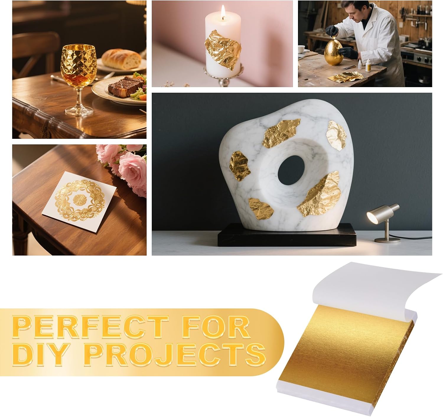 TIPTAP 300PCS Gold Leaf Sheets, 3.15x3.35IN Gold Foil Paper, Gold Flakes, Metal Leaf for Decoration, Nail Art, Candles, Buddha Painting, Furniture, Crafting, DIY and More
