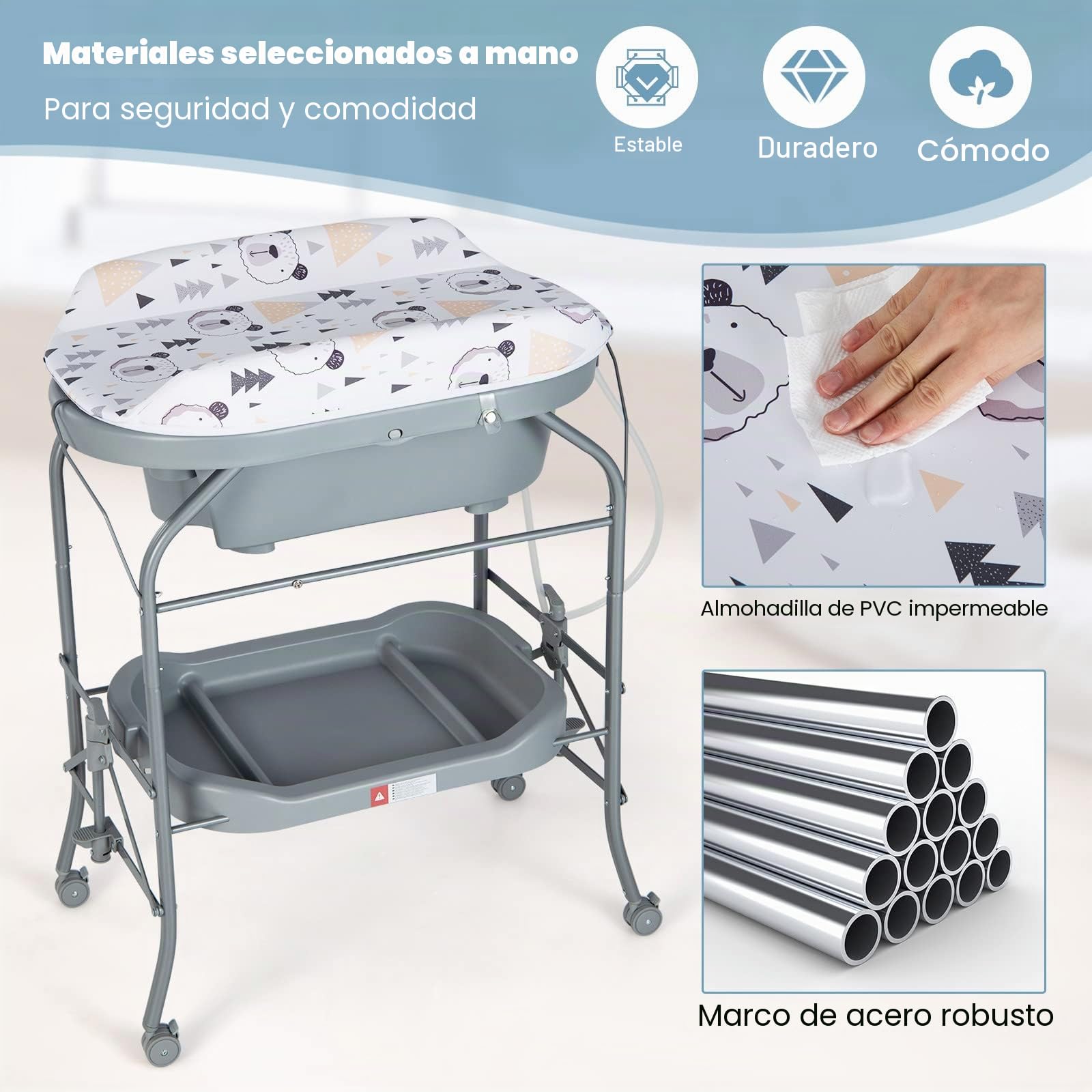 GOPLUS 4 en 1 Cambiador con Bañera, Cambiador de Pañales Plegable y Portátil con Bandeja de Almacenamiento y 4 Ruedas Universales con Frenos, para Bebés de 0-12 Meses, Carga hasta 35 kg (Gris)