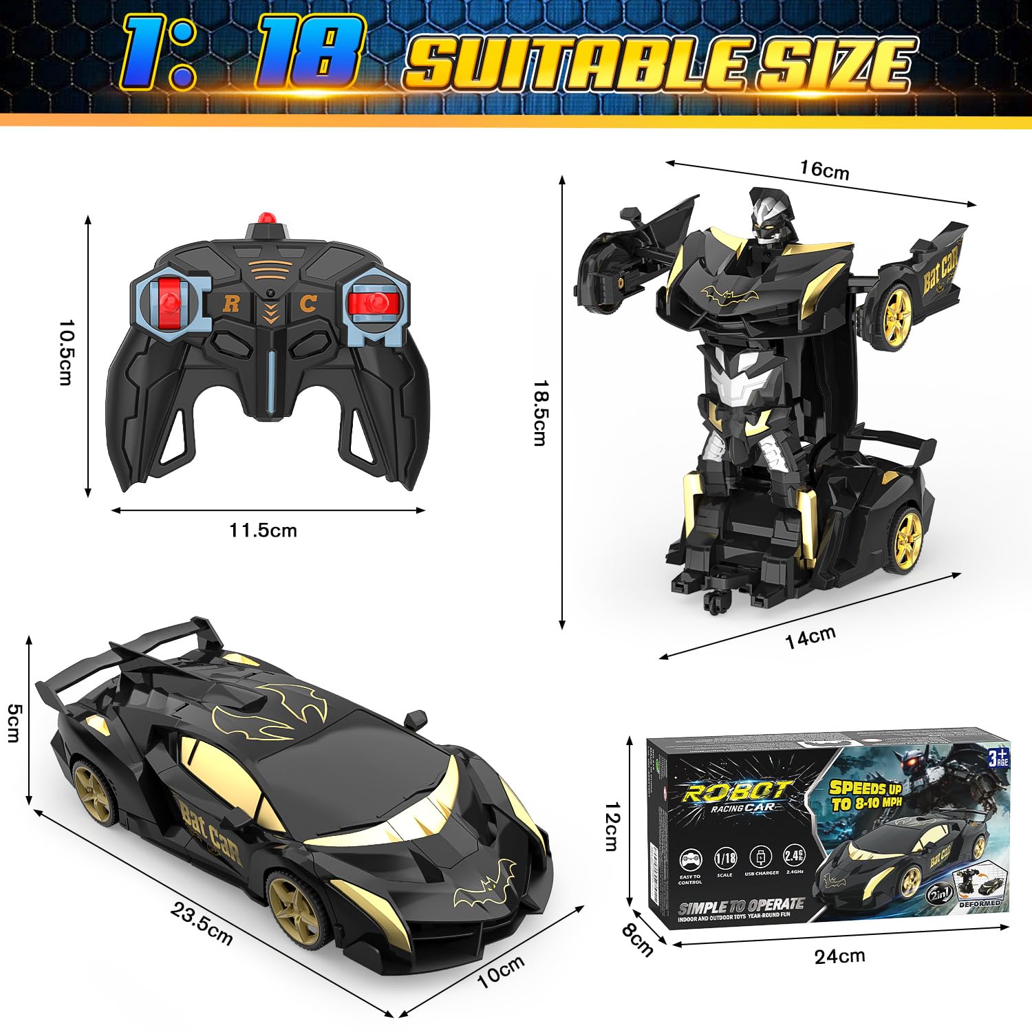 Macchina Telecomandata, 2.4GHz Trasforma Robot & RC Auto da Corsa Radiocomandata Giochi Esterno Giocattolo, Bat Cars Macchinine per Gioco Regalo Compleanno Natale Bambino Bimbi 3 4 5 6 7 8 9 Anni