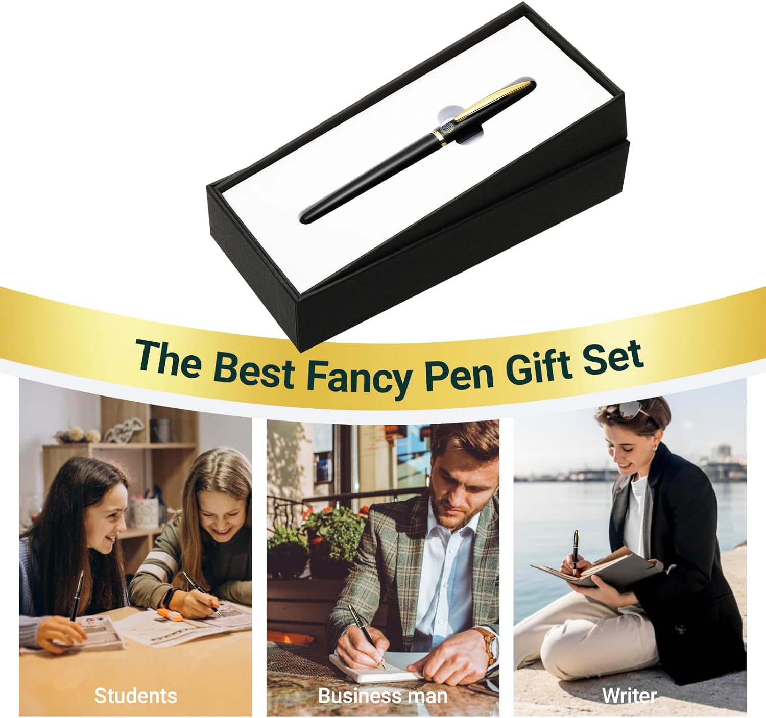 Luxury Gold Rollerball Pen, 24K gold-plated exquisite pen body, stylish and simple design, two ink refills, gift set for men and women, executive writing, office, graduation gift (Black)