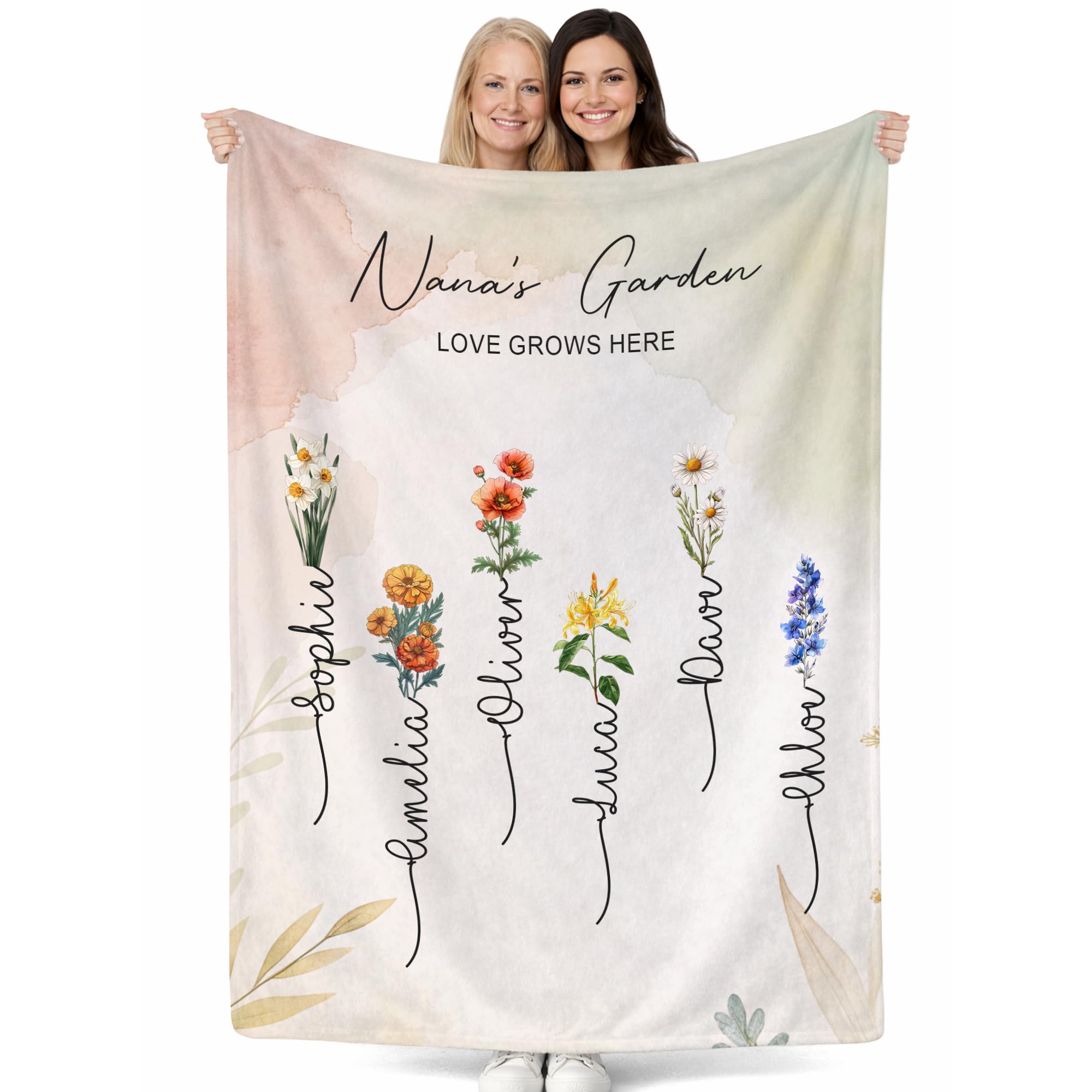 Print Maniacs Personalised Mum’s Garden Blanket – Custom Name Floral Throw for Mum, Nana, Grandma from Kids, Daughter or Son – Botanical Family Birth Flower Keepsake Sofa Bed Throw