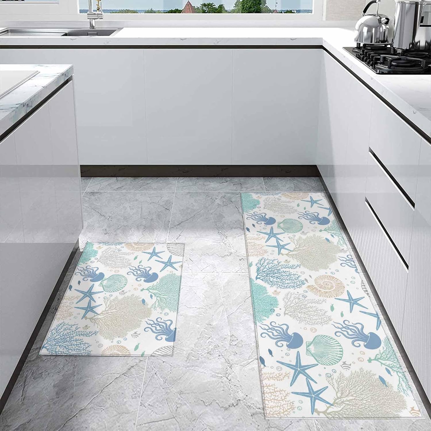 Kitchen Mats for Floor Ocean Blue Jellyfish Starfish Washable Non Slip Kitchen Rugs 2PCS, Coastal Underwater World Creature Absorbent Standing Mats for Sink Office Living Room 15.7x23.6in+15.7x47.2in