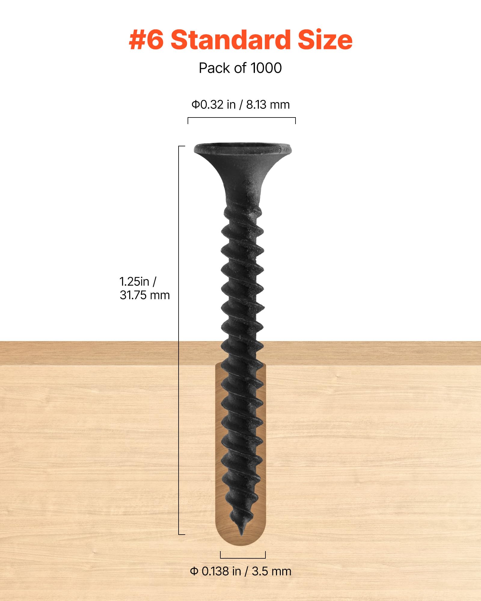 VVEOR, # 6 x 1-1/4" Lunghezza muro a secco a legno, viti multiuso in lega di acciaio ad alta durezza, autofilettanti per cartongesso, per fai da te, ristrutturazione dello spazio (1000 per scatola)