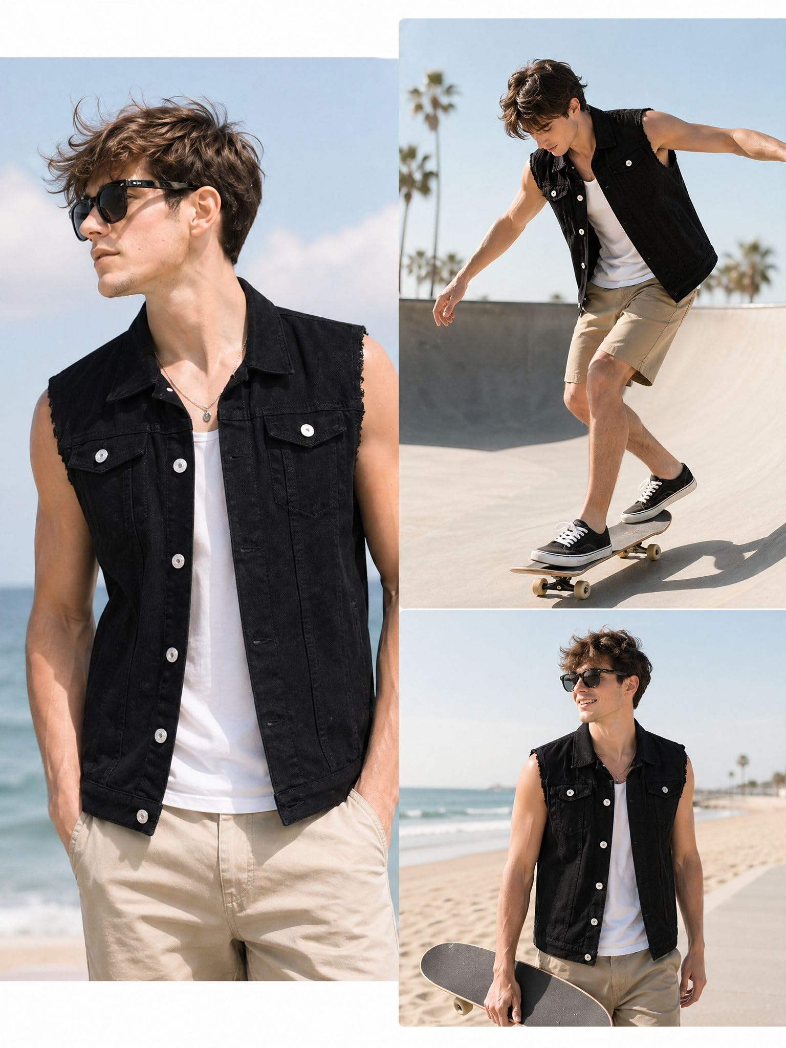 Gilet de Jeans pour Homme Veste Courte sans Manches en Jean Vintage Manteau Gilet Denim Veste de Moto Slim Fit Gilet en Jean sans Manches