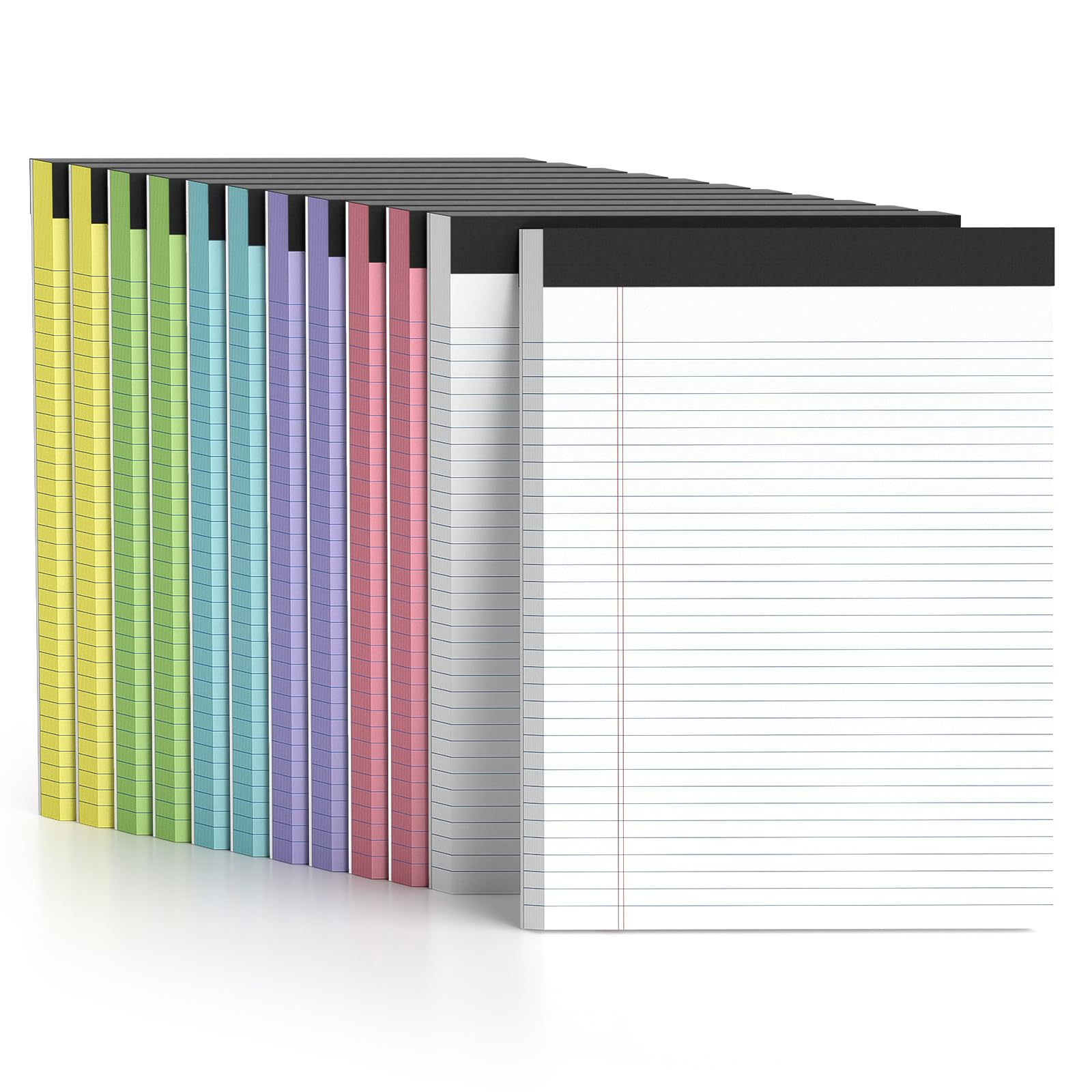 Notizblöcke, liniert, schmal, liniert, 50 Blatt pro Notizblock, perforiert, langlebig, stabile Rückseite, 20,3 x 27,9 cm, Rosa, Lila, Blau, Grün, Weiß, Gelb, 12 Stück