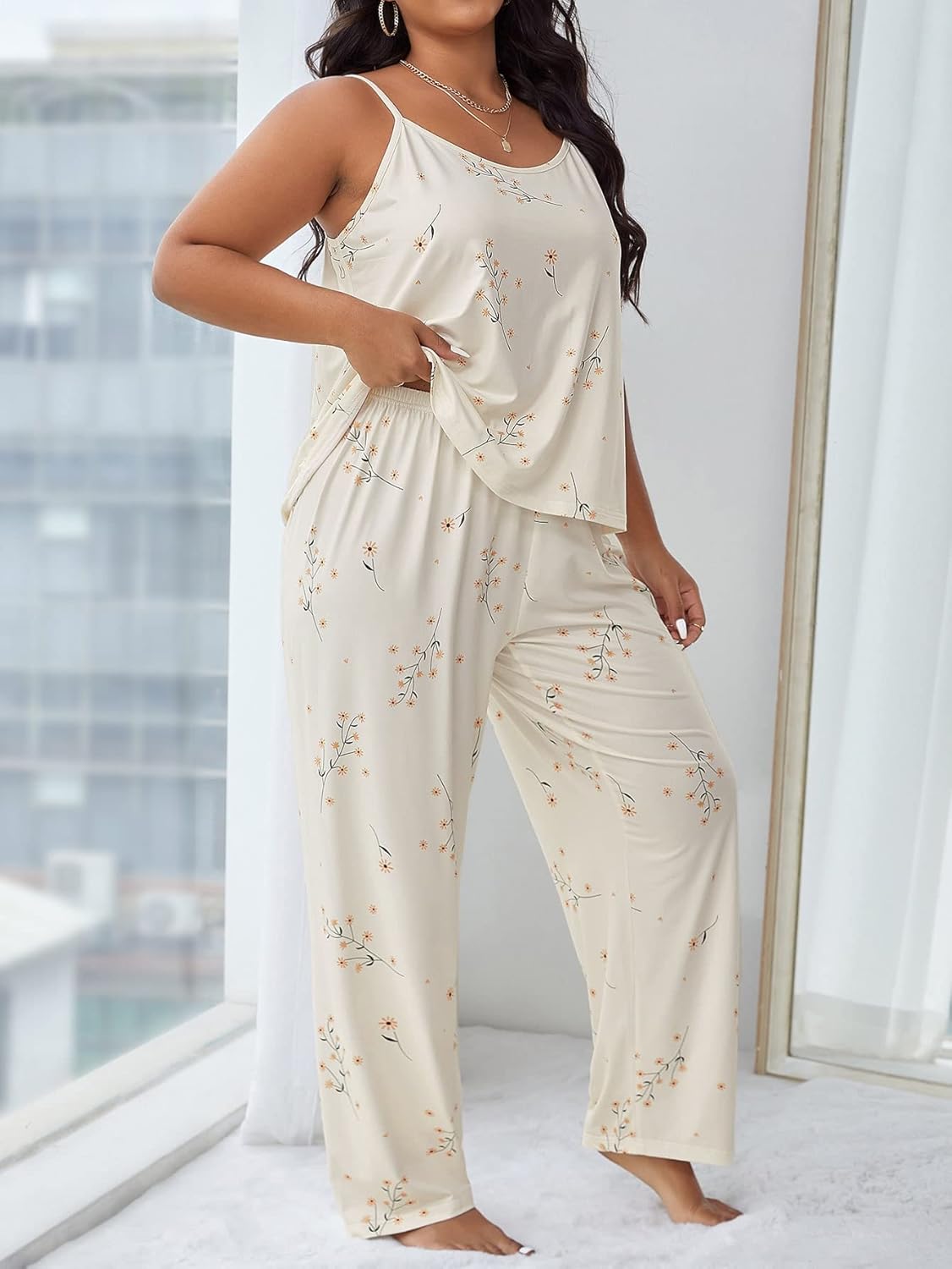 WDIRARA Women's Plus Size 2 Piece Pajamas Set Floral Print Sleeveless Pants Pj Sleepwear - Image 5