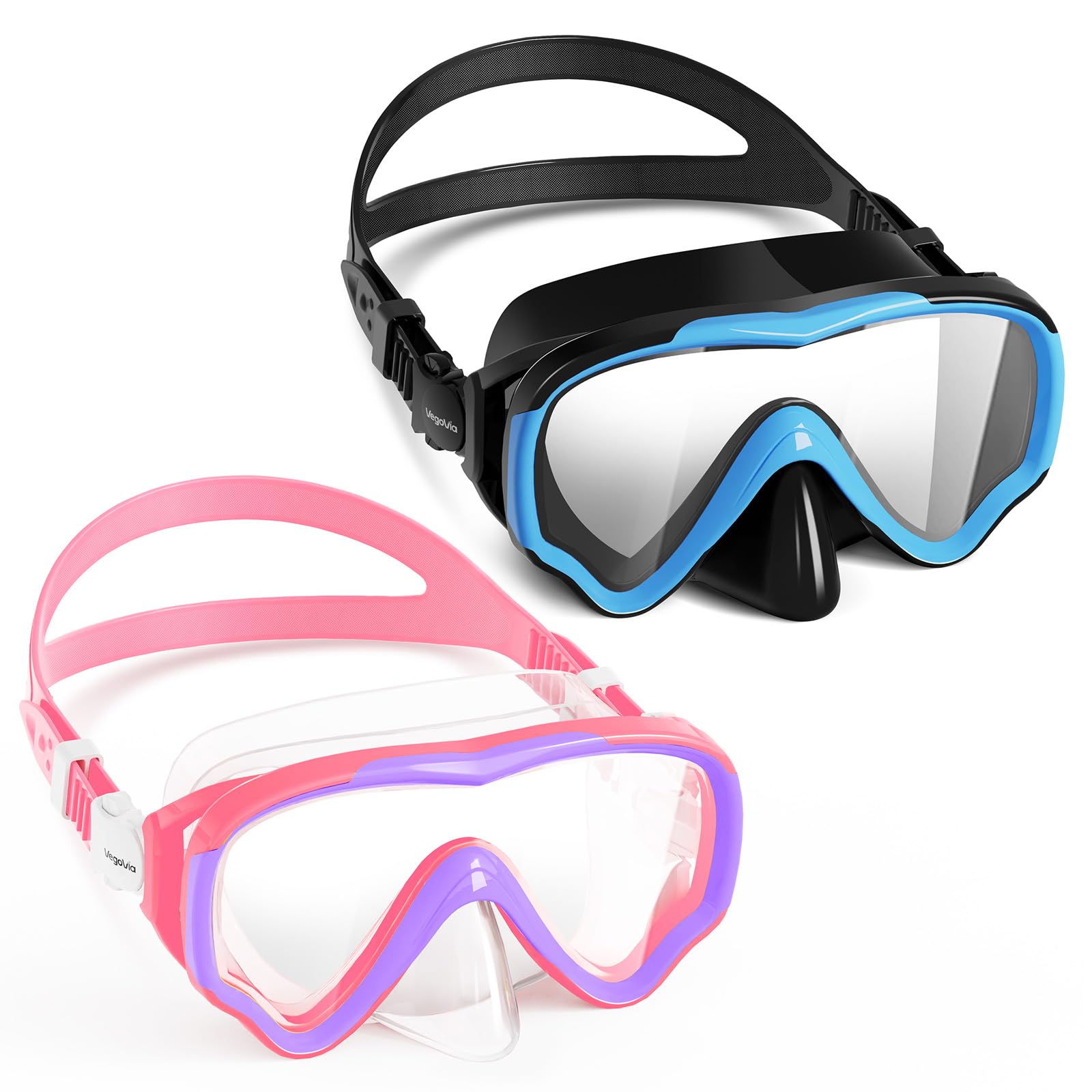VegoVia Gafas de natación para niños con cubierta de nariz, antivaho, visión amplia, máscara de natación transparente para niños de 3 a 15 años, antiroturas, sin fugas