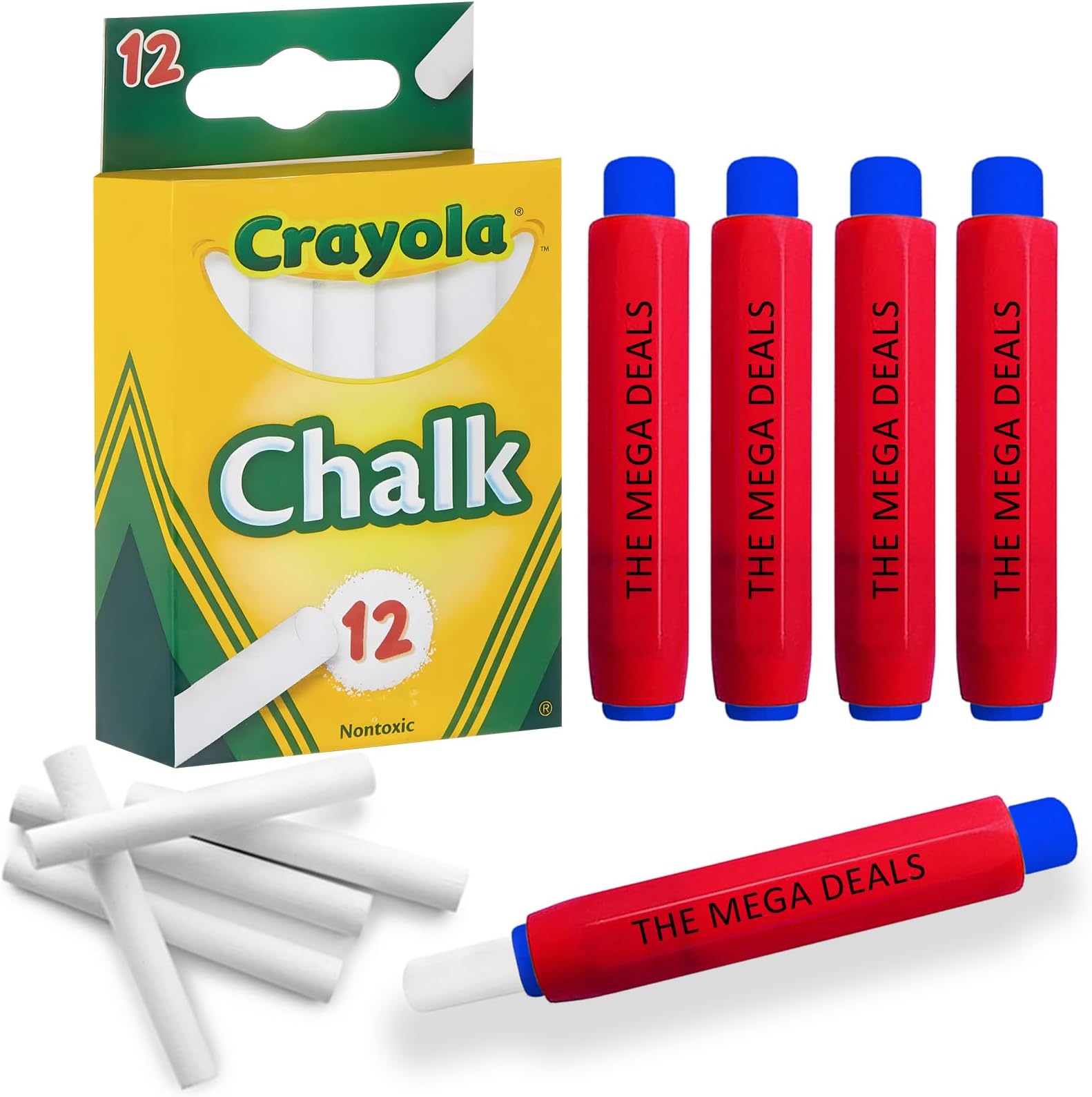The Mega Deals Chalkboard Chalk 12 Pack White Chalk, Thin Chalks for Chalkboard with 5 Chalk Holder, Non Toxic Chalks for Kids Great for School and Home Gifting Bundle