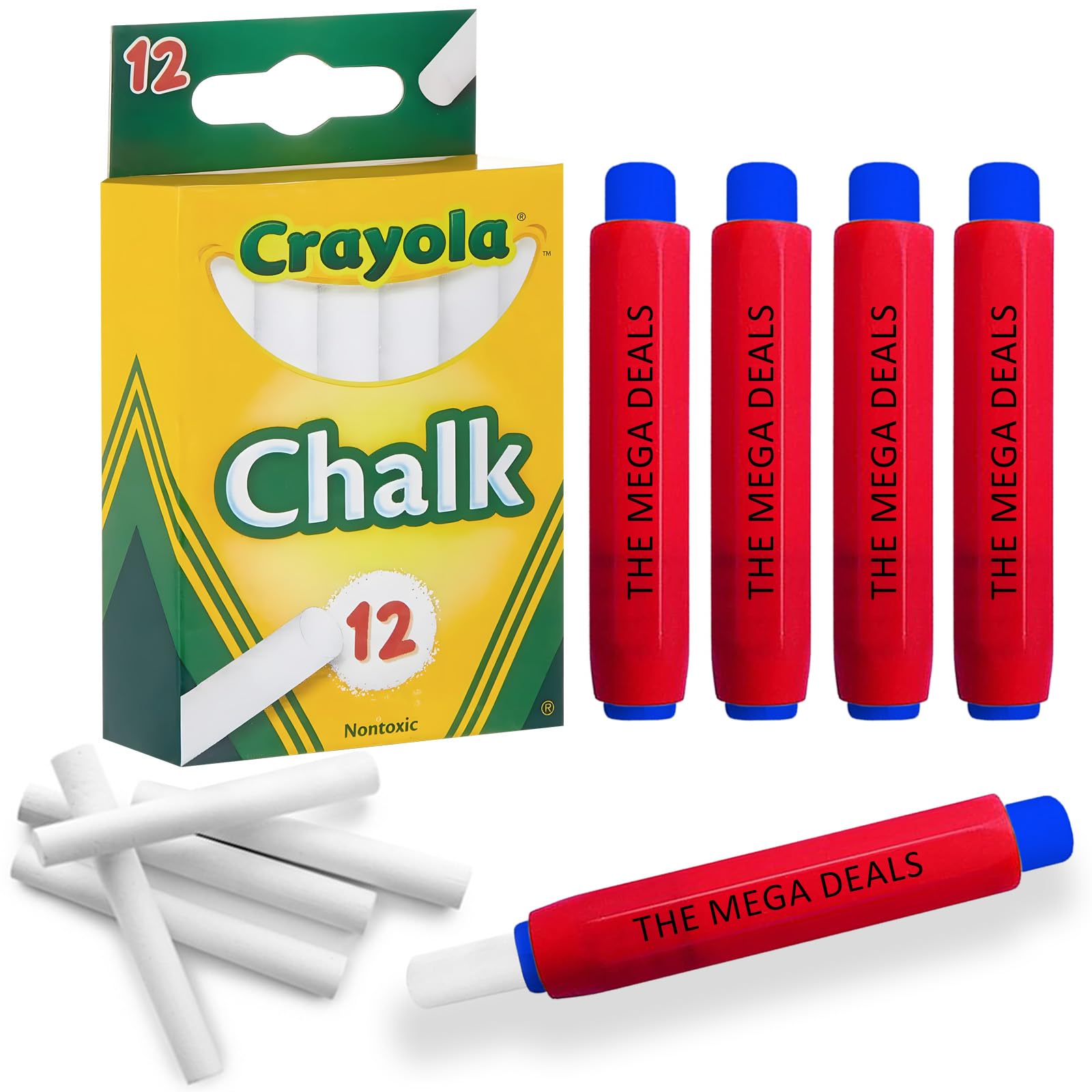 Chalkboard Chalk 12 Pack White Chalk, Thin Chalks for Chalkboard with 5 Chalk Holder, Non Toxic Chalks for Kids Great for School and Home Gifting Bundle