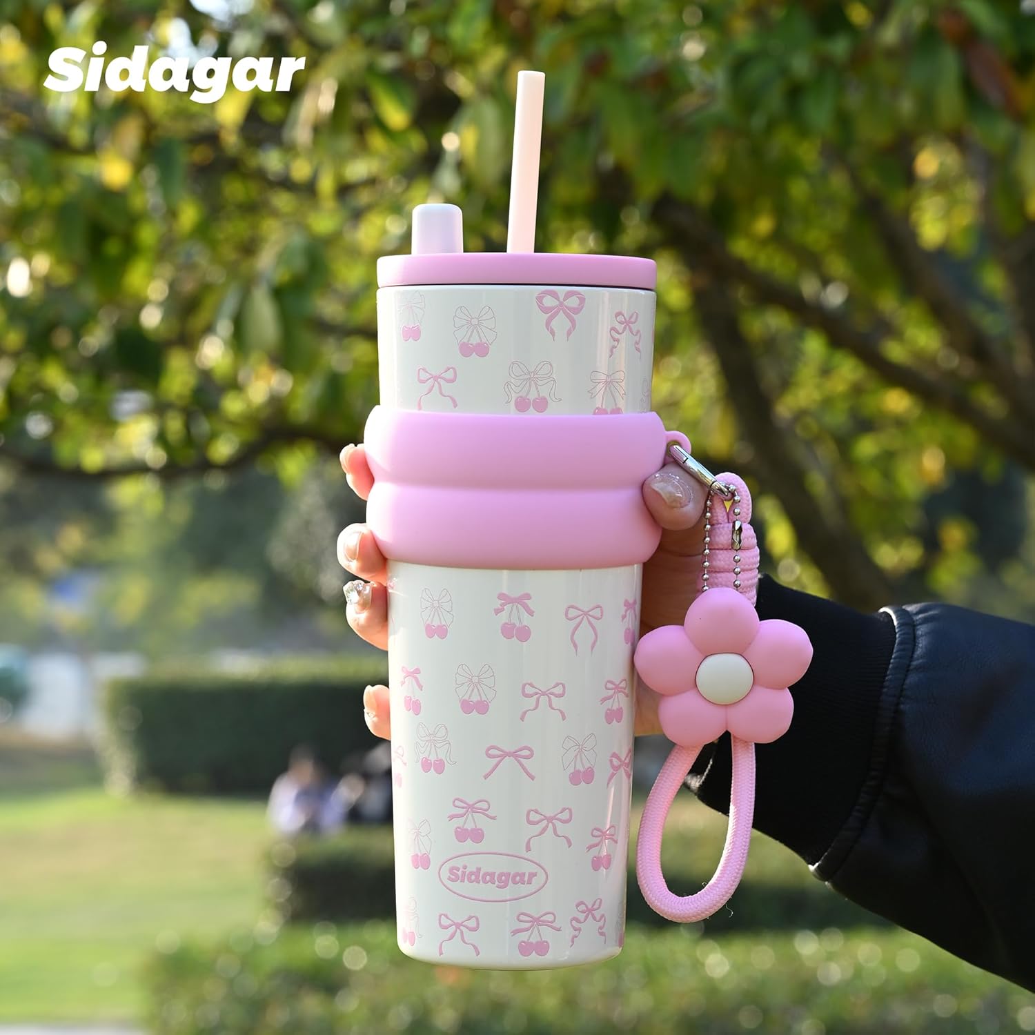 24 oz Insulated Tumbler witn Lid and Straw Stainless Steel, Insulated Reusable Leak Proof Water Bottle with Strap, White Cherry - Image 8