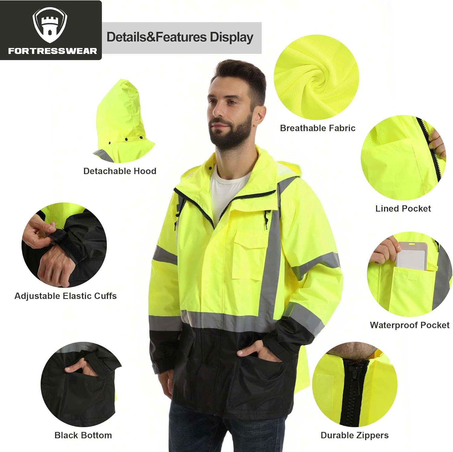 Hi Vis Rain Jackets for Men Reflective Waterproof High Visibility Class 3 Safety Rain Coat with Black Bottom