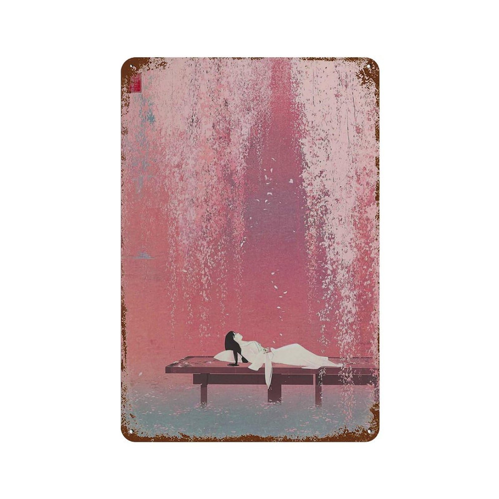 xiaoxiaoshen Japanese Cherry Blossom – Pink Sakura Waterfall Asian Inspired Minimalist Work T Wall Decor Art Metal Tin Poster Modern Home Decor Art Home Bar Shop Decorations Vintage Sign 30x20cm