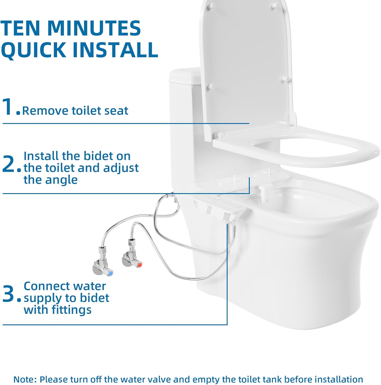 Bidet Attachment for Toilet, Adjustable WHot and Cold Water & Pressure, Self-Cleaning Dual Nozzles, Easy Install (White)