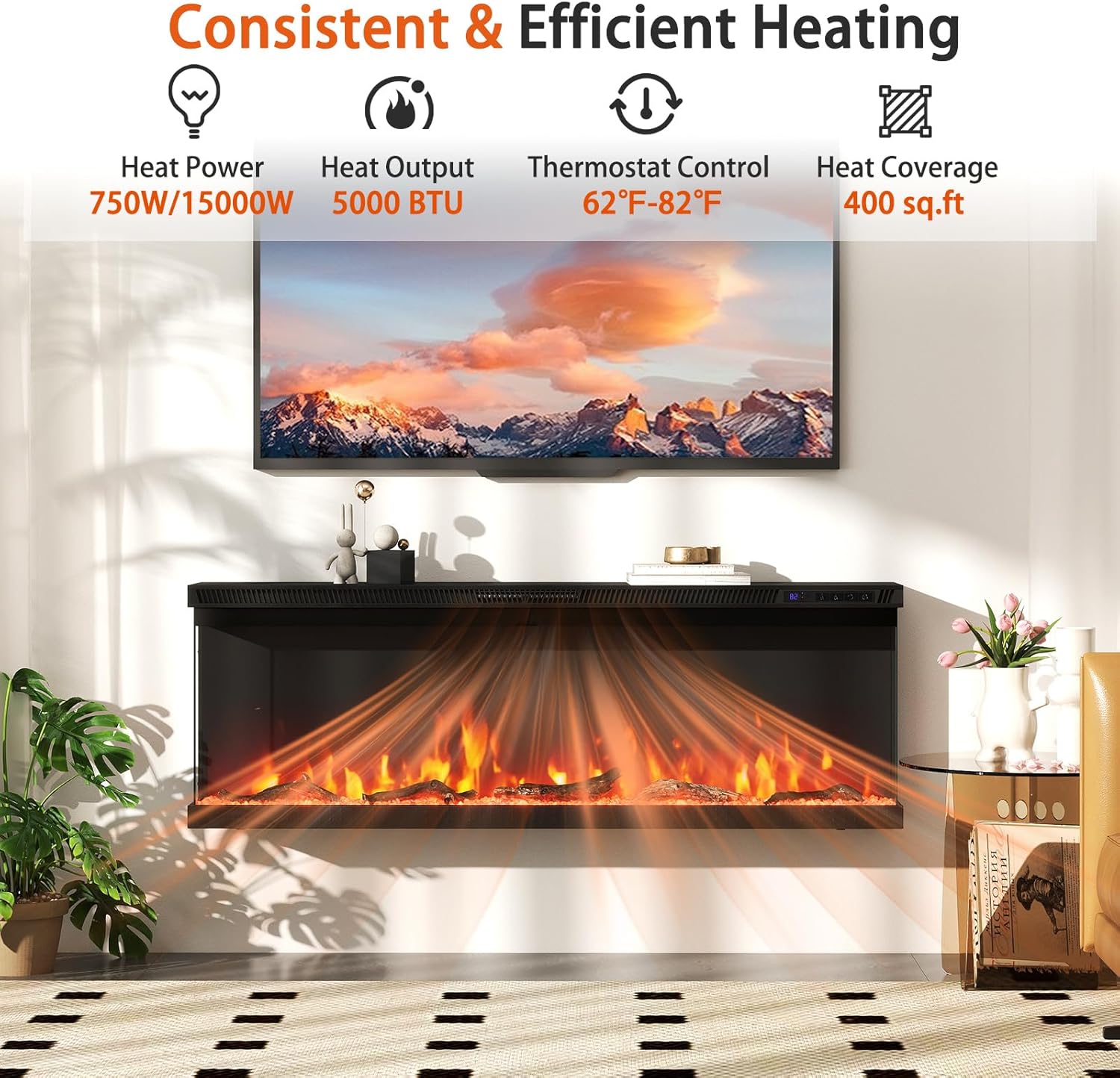 Tangkula 50 Inches 3-Sided Electric Fireplace Insert, 750W/1200W Recessed Fire Places Heater with 12 Flame Colors, 5 Brightness, 8H Timer & Overheat Protection and Remote Control (50 inches)
