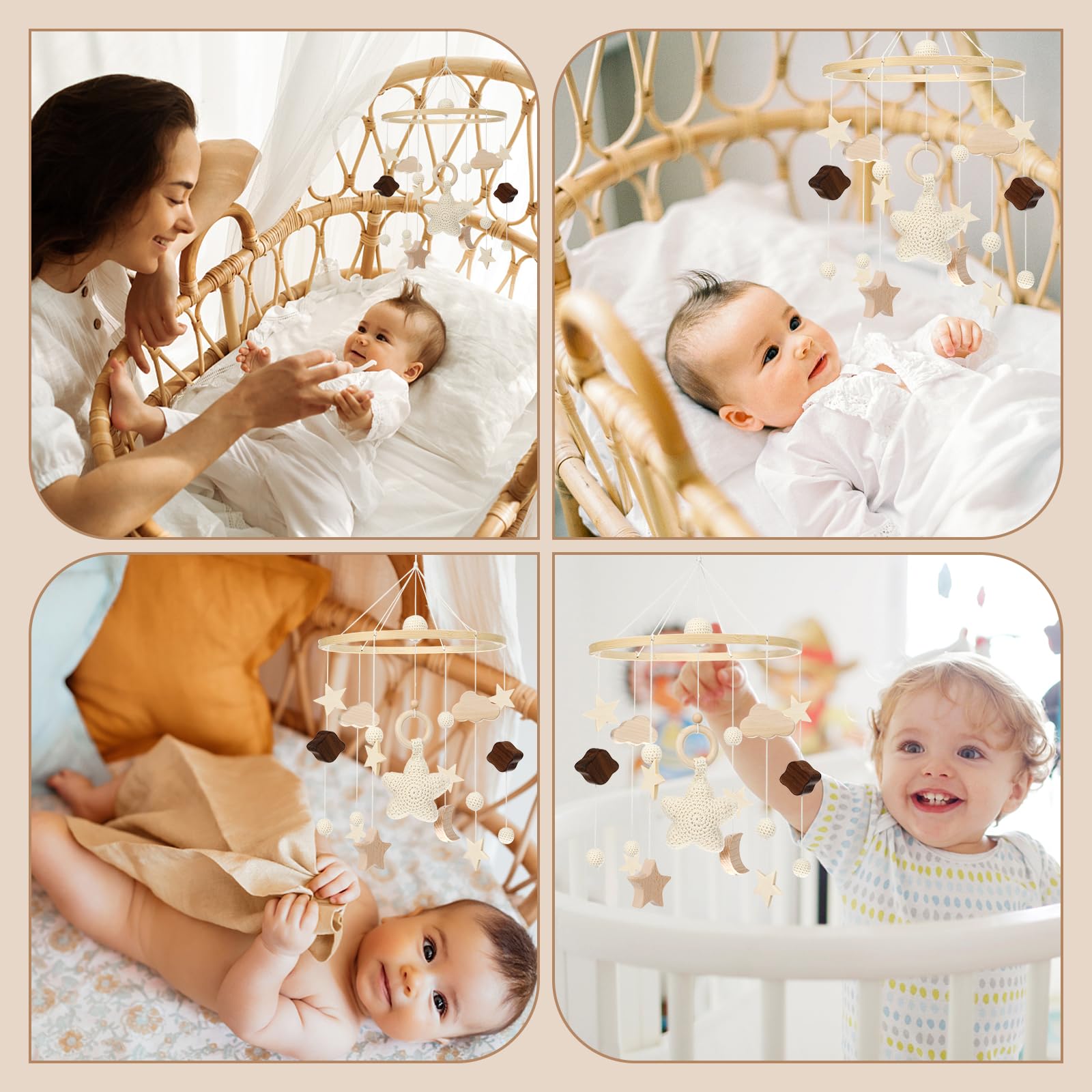 Litimkat Mobile babybett,Mit gehäkelten Sternen,Monden und Wolken hängenden | Dekorationen Baby Mobile für das Bett Holz Mobile Baby Windspiel,Geschenk für Baby Mädchen oder Jungen