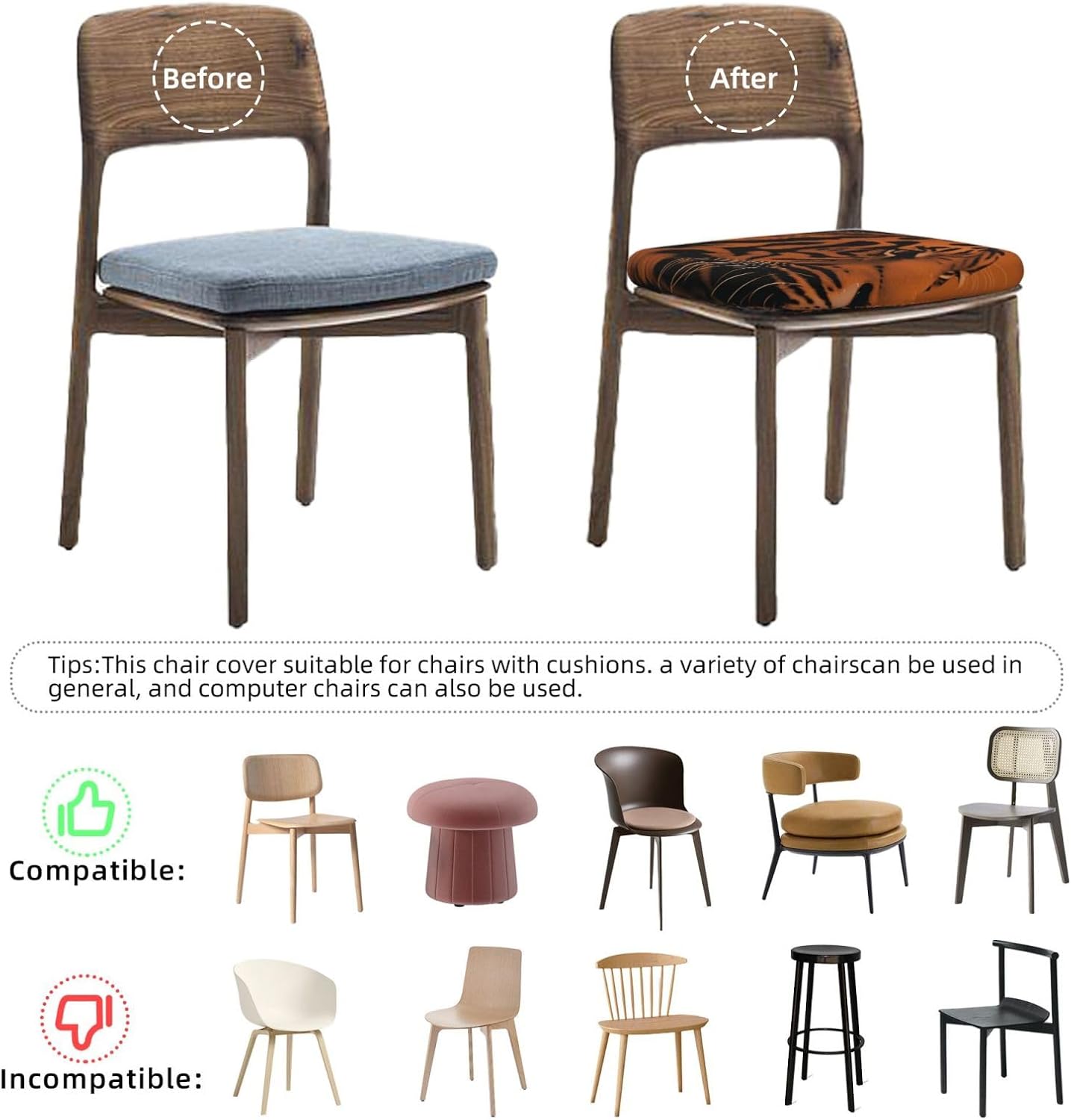 Orange Tiger Leopard Print Square Cushion Covers 6 Pcs Set Elastic Non-Slip Seat Cushion Slipcovers Pet Furniture Protectors for Chair, Sofa