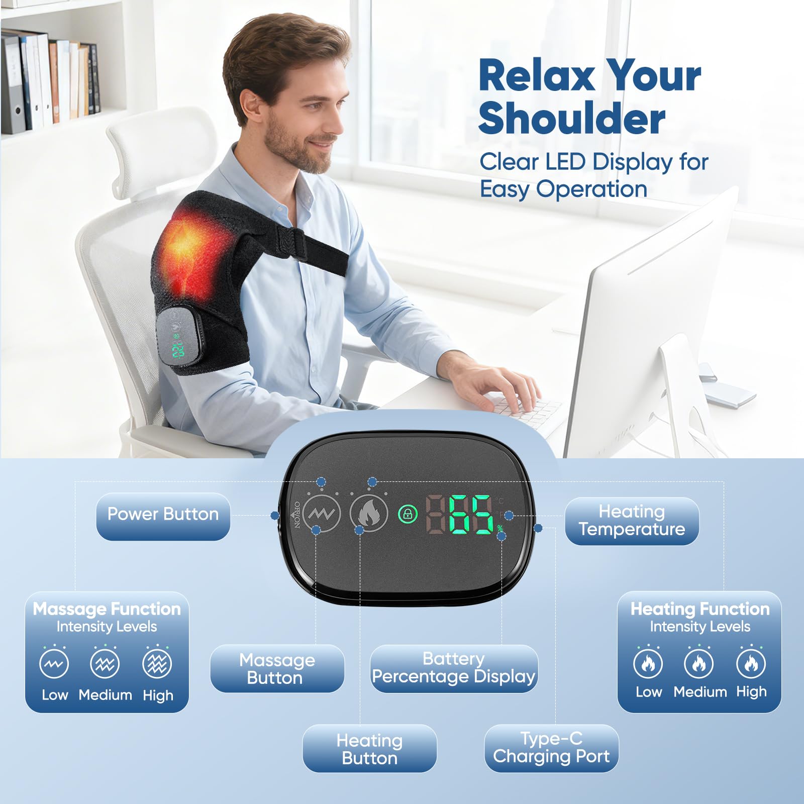 Akku Schultermassagegerät, Schulterwärmer 40–75 °C, 5000-mAh-Akku, Touchscreen-Steuerung