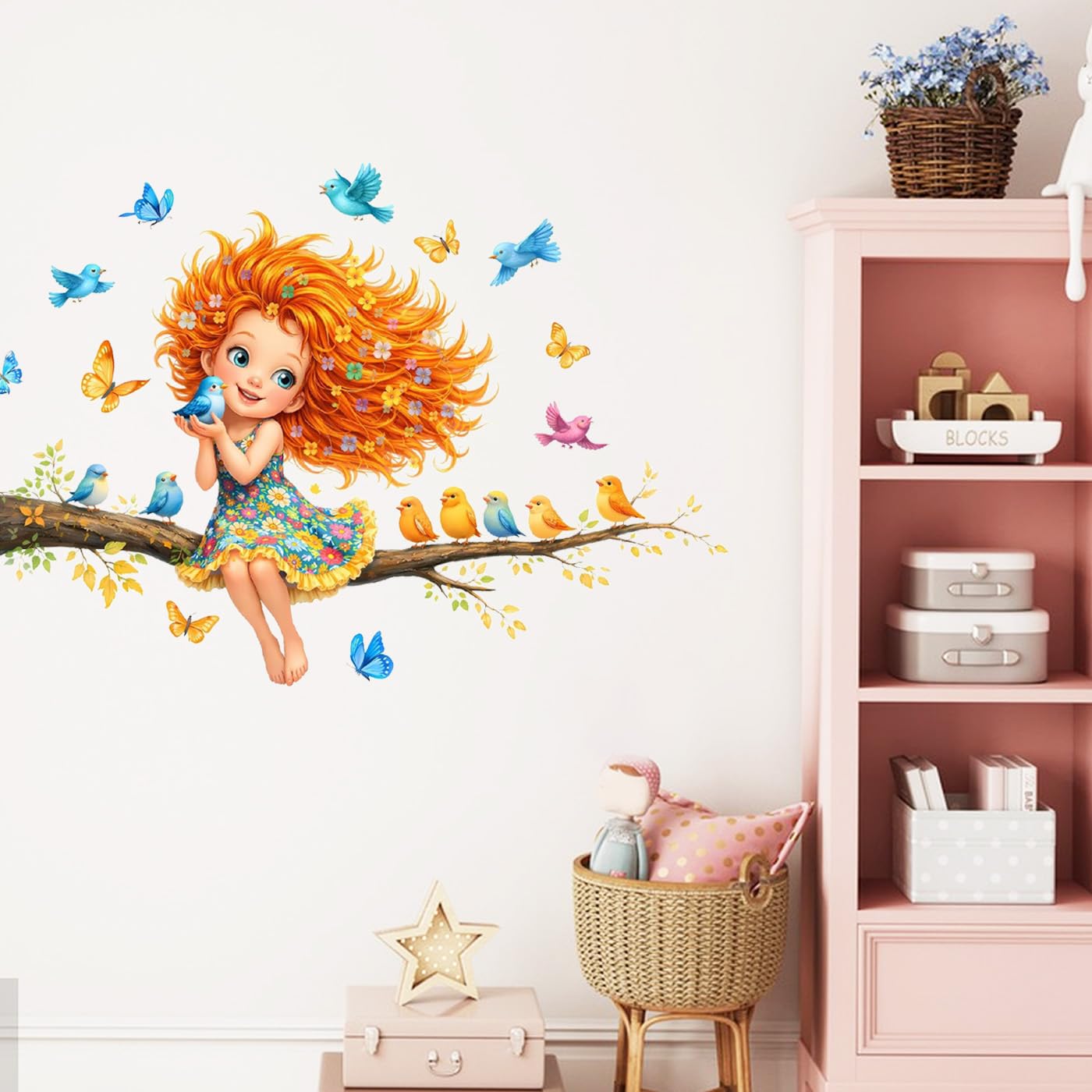 PLIGREAT Cartoon Girl Wall Stickers, Blue Birds Butterfly Decals