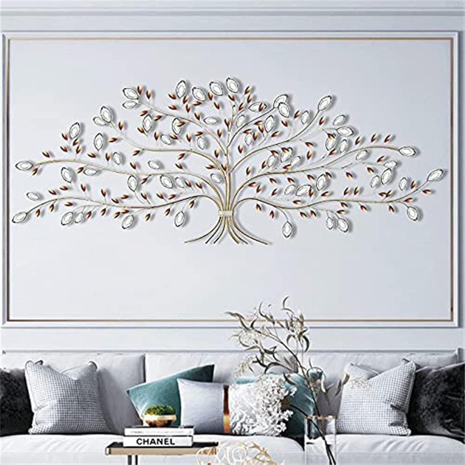 Decoración de pared de metal para el hogar, 3d ramas de árbol de oro hojas decoración de la pared, arte de la pared de metal, árbol de la vida metal decoración de la pared árbol de la vida metal pared