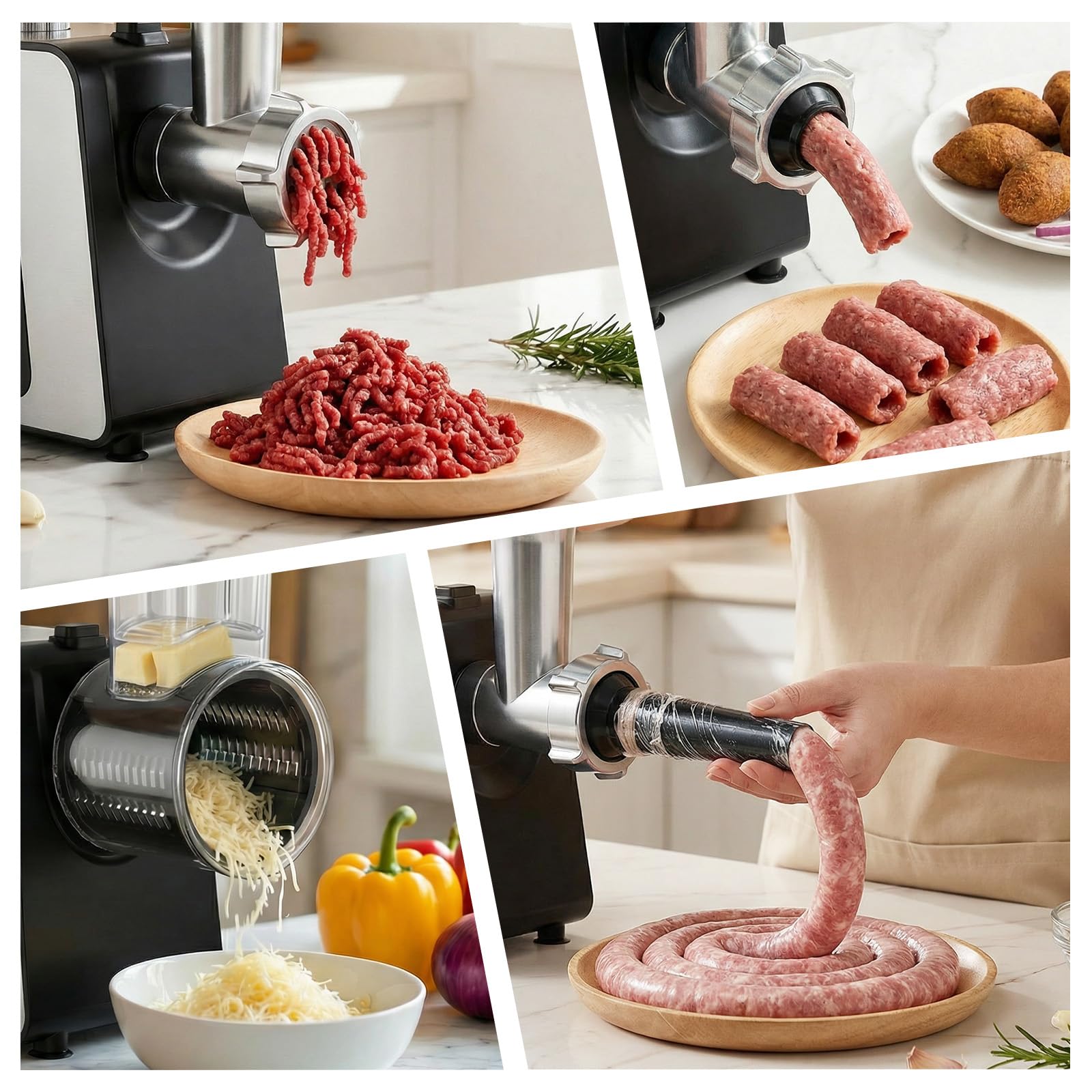 FITNATE Hachoir à Viande Électrique, Robot Multifonction avec Tube à Saucisses, Râpe à Fromage & Coupe-Légumes, 3 Grilles de Hachage Fin/Moyen/Grossier Incluses