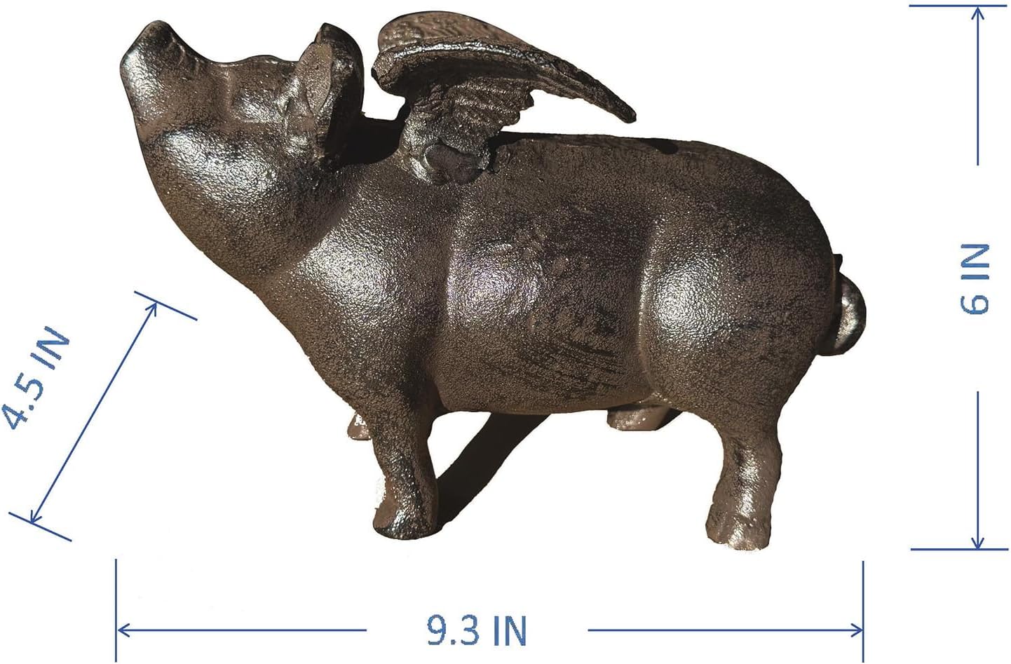 Rust Brown Cast Iron Flying Pig Figurine (6" Tall) - Artistic Animal Sculpture for Unique Home Decor HC5405