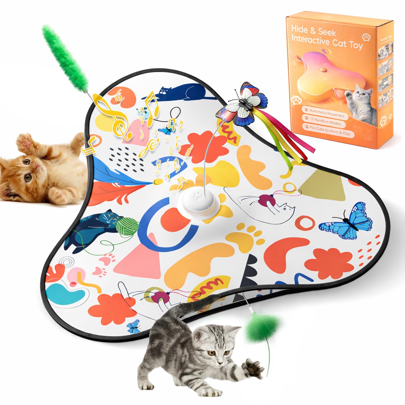 Joyzan 4 in 1 Interactive Cat Toy, 3 Modes Hide and Seek Cat Toy Rechargeable Cat Toys for Indoor Cats Adult with Moving Butterfly Mouse Bird Sounds Feather Wand Automatic Kitten Game Multi-Cat Play